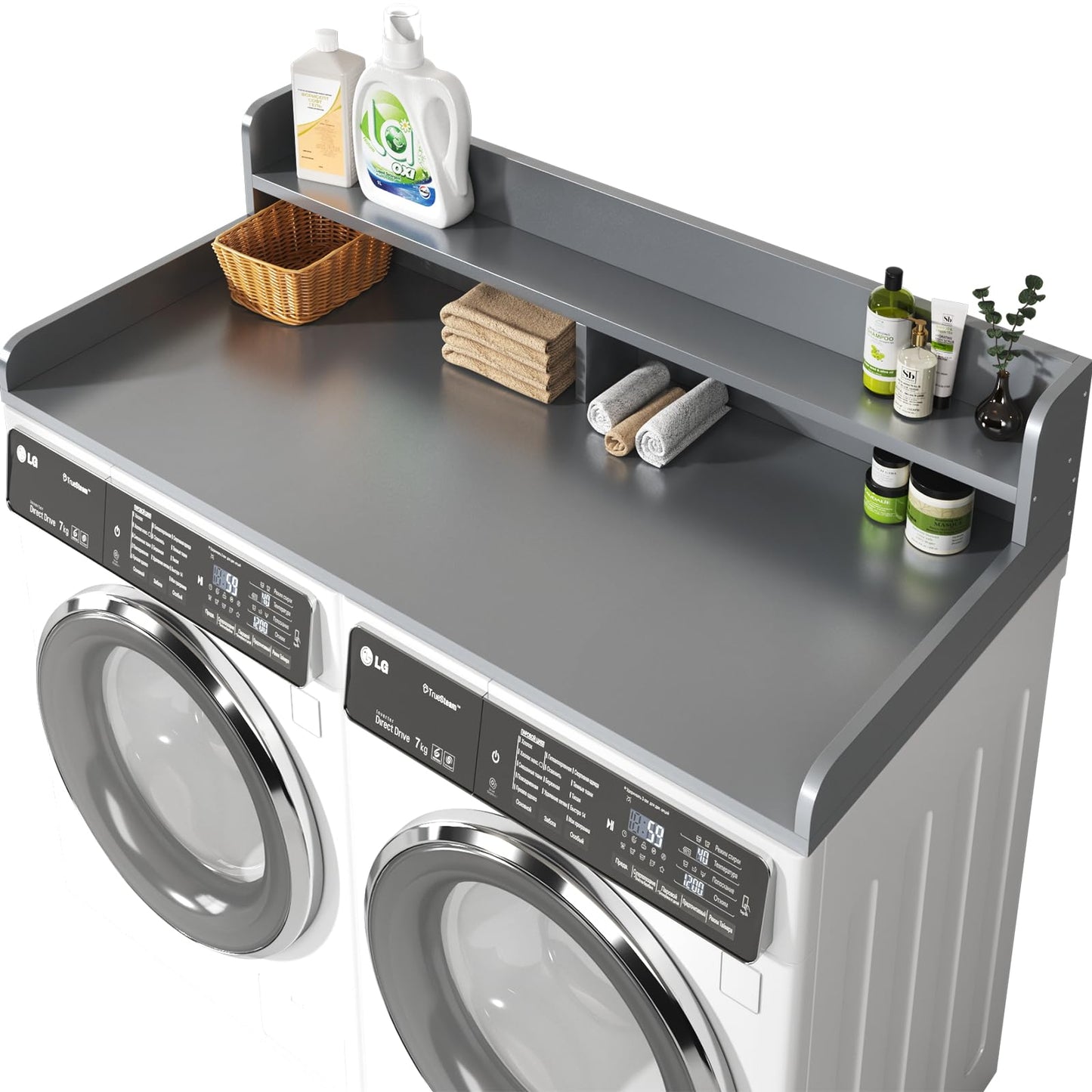 BigPonPon 2-Tier Washer and Dryer Countertop with 2.75" H Guard,54" W x 27.5" D Laundry Countertop Cover with Non-Slip Pad,Large Space Laundry Topper for Folding Clothes Over Washer and Dryer-Gray