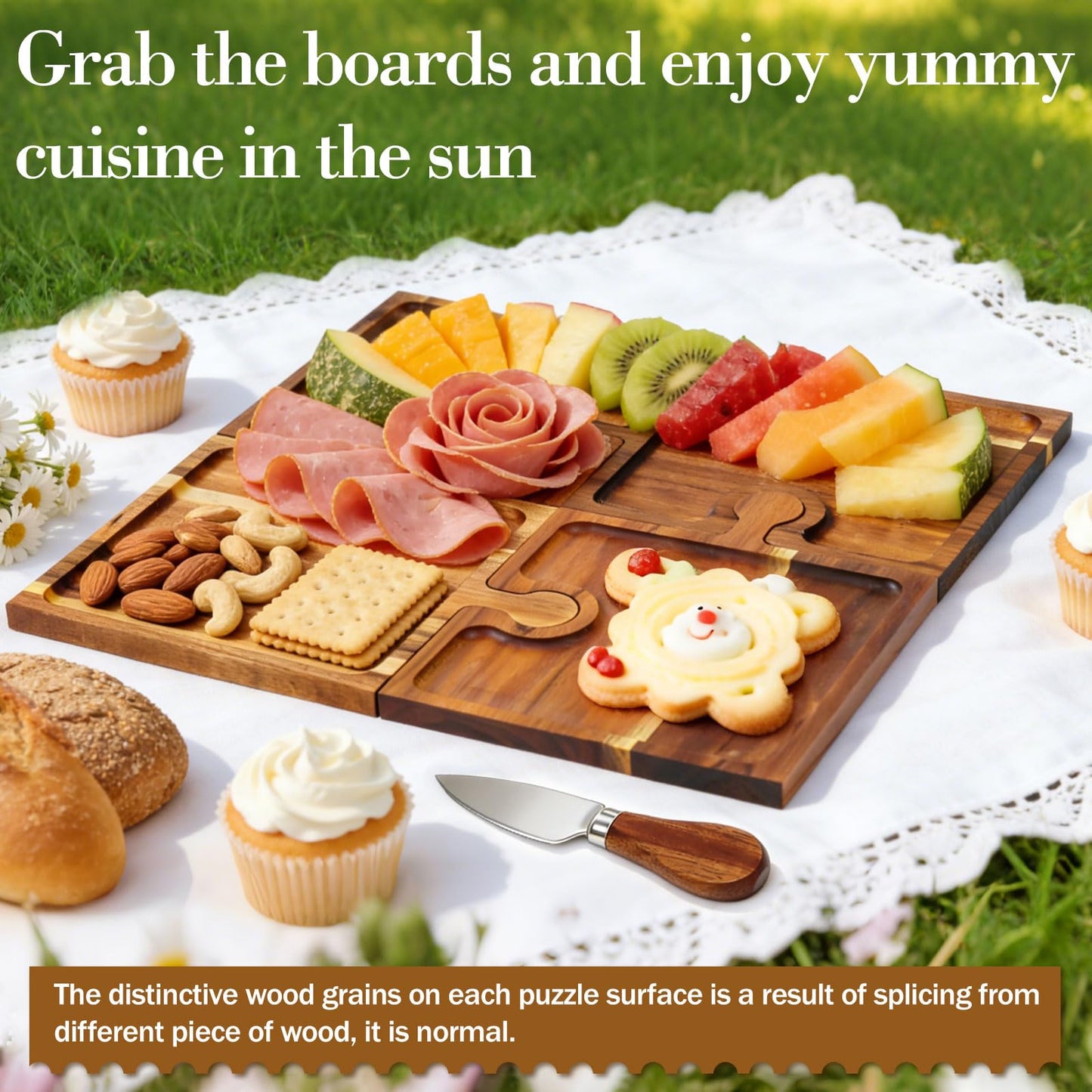 Wooden Charcuterie Boards Set of 4, Cheese Board Platter, Charcuterie Tray Serving Platter, Acacia Wood Serving Board Appetizer Tray with Mag Storage Holder, for Hosting Entertaining Party Birthday