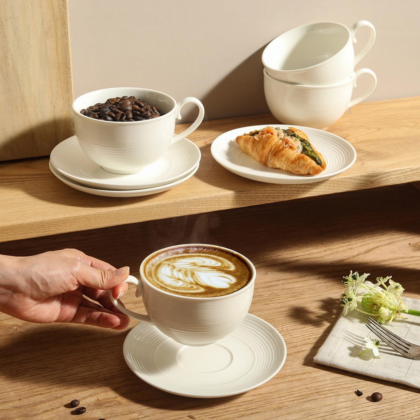 Feenmai 12 oz Cappuccino Cups with Saucers, Ceramic Espresso Coffee Cups Set of 4, White Latte Cup and Saucer, Elegant Tea Mugs Set, Microwave Dishwasher Safe Drinkware for Cafe, Housewarming Gift