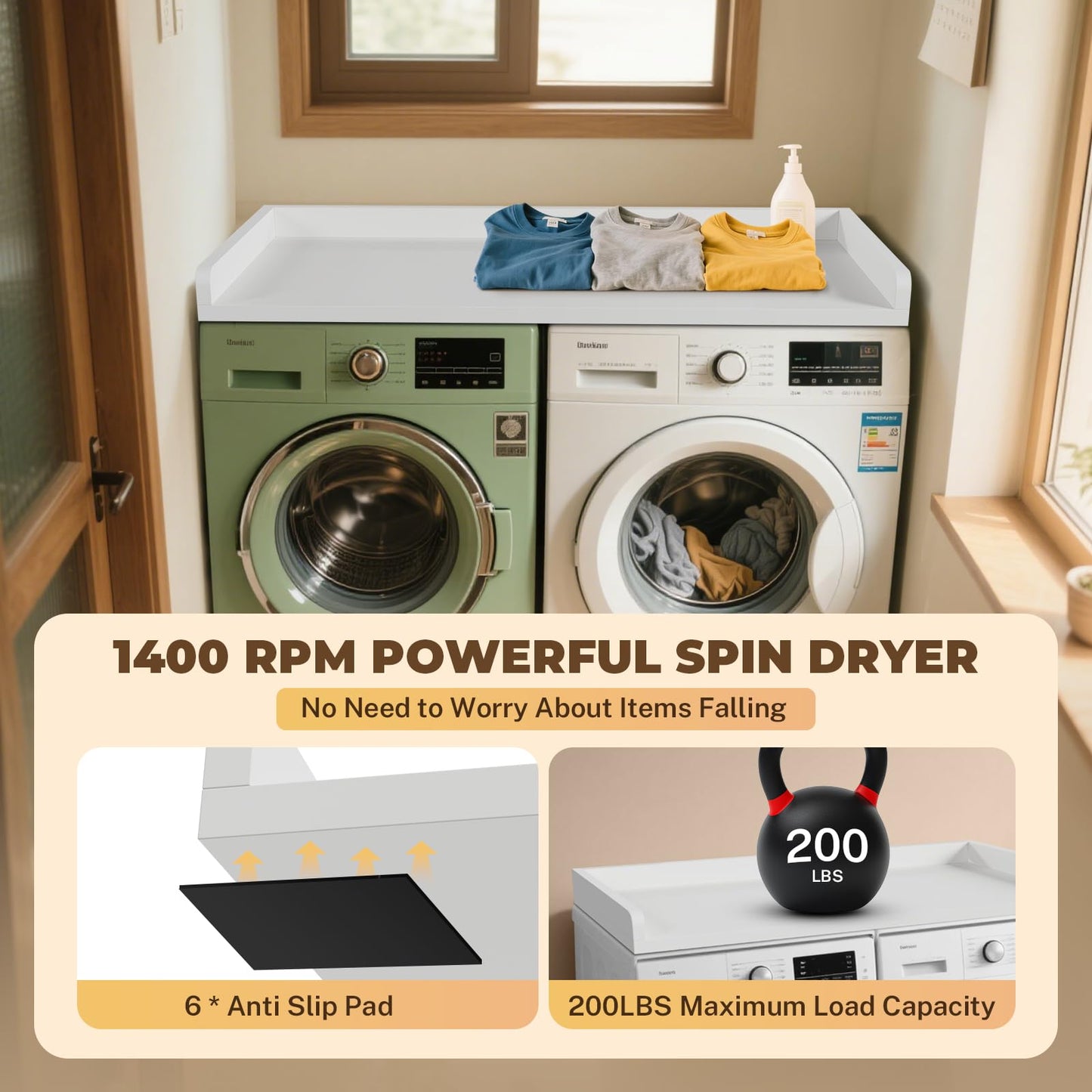 FAHKNS Washer Dryer Countertop - 54" Wood Laundry Washer Dryer Topper with Anti-Slip Mat, Waterproof Laundry Room Organization, Elegant & Space-Saving, White