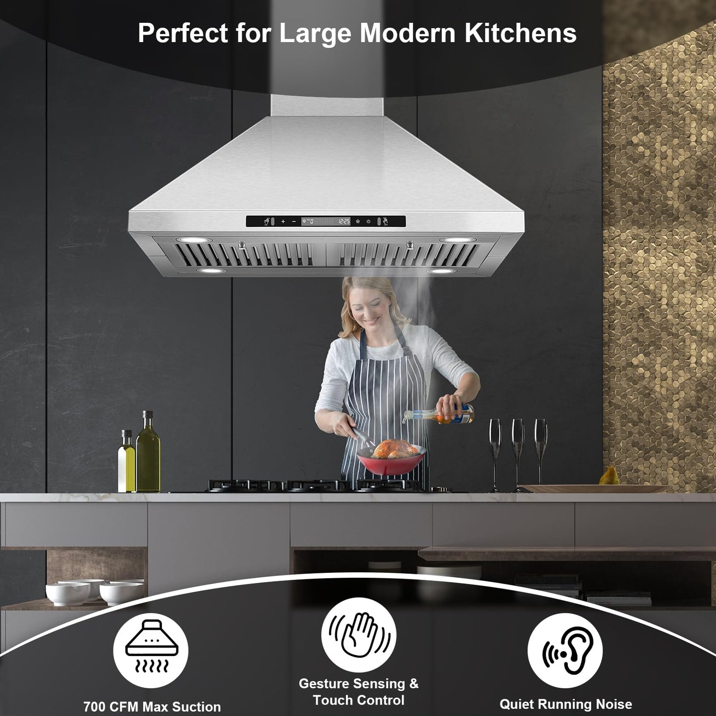 Tieasy 30" Island Range Hood 700 CFM Ceiling Mount Kitchen Vent Hood with Gesture/Touch Control, 3-Speed Fan & 4 LED Lights, Convertible Ductless/Duct, Stainless Steel Baffle Filters,Time Setting