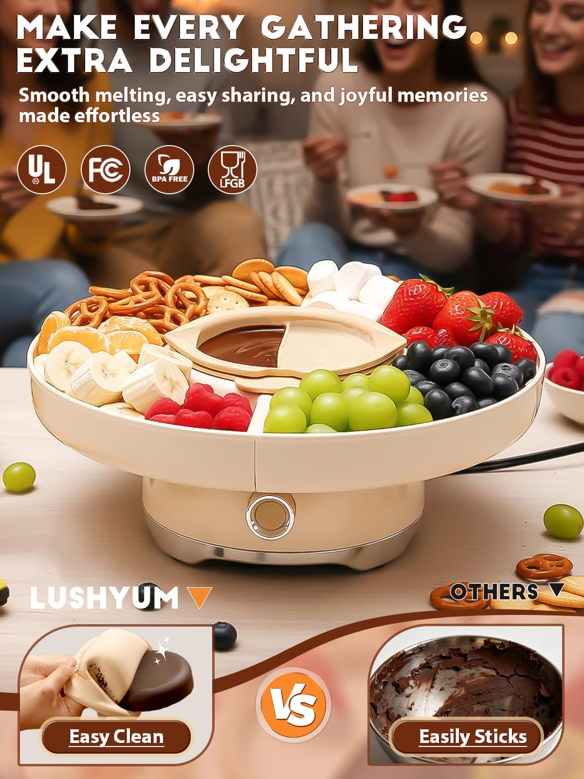 LUSHYUM Chocolate Fondue Pot Set Electric Melting Machine, 4-Cup Capacity 4 Trays 5 Forks 1 Spatula Cheese Warmer, Ideal Gift for Couple Family & Date Night Idea House Warming Holidays Essentials