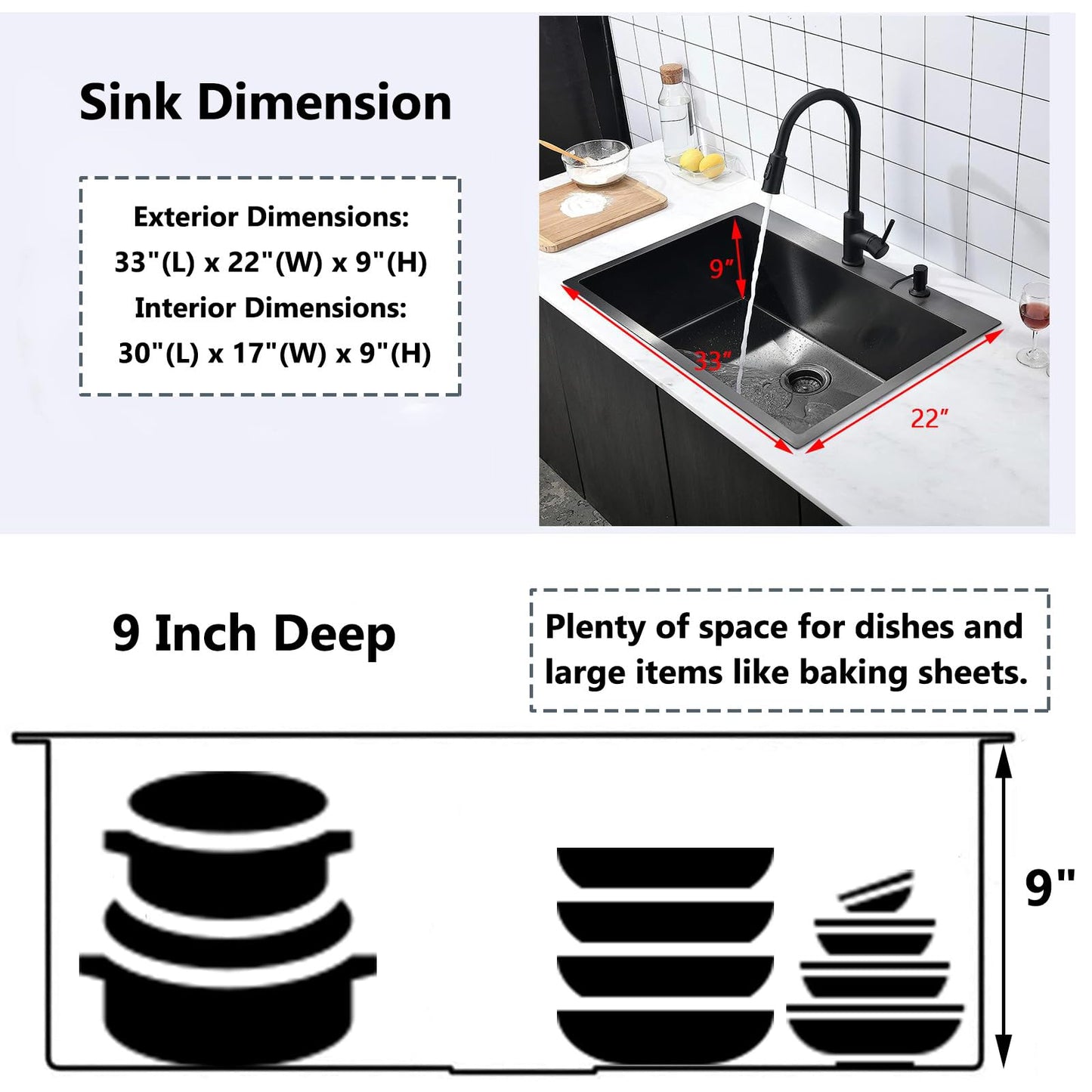 COMLLEN 33"x22"x9" Black Drop In Kitchen Sink, Top Mount SUS304 Stainless Steel Gunmetal Black 18 Gauge Large Commercial Modern Handmade Kitchen Sinks with Drain