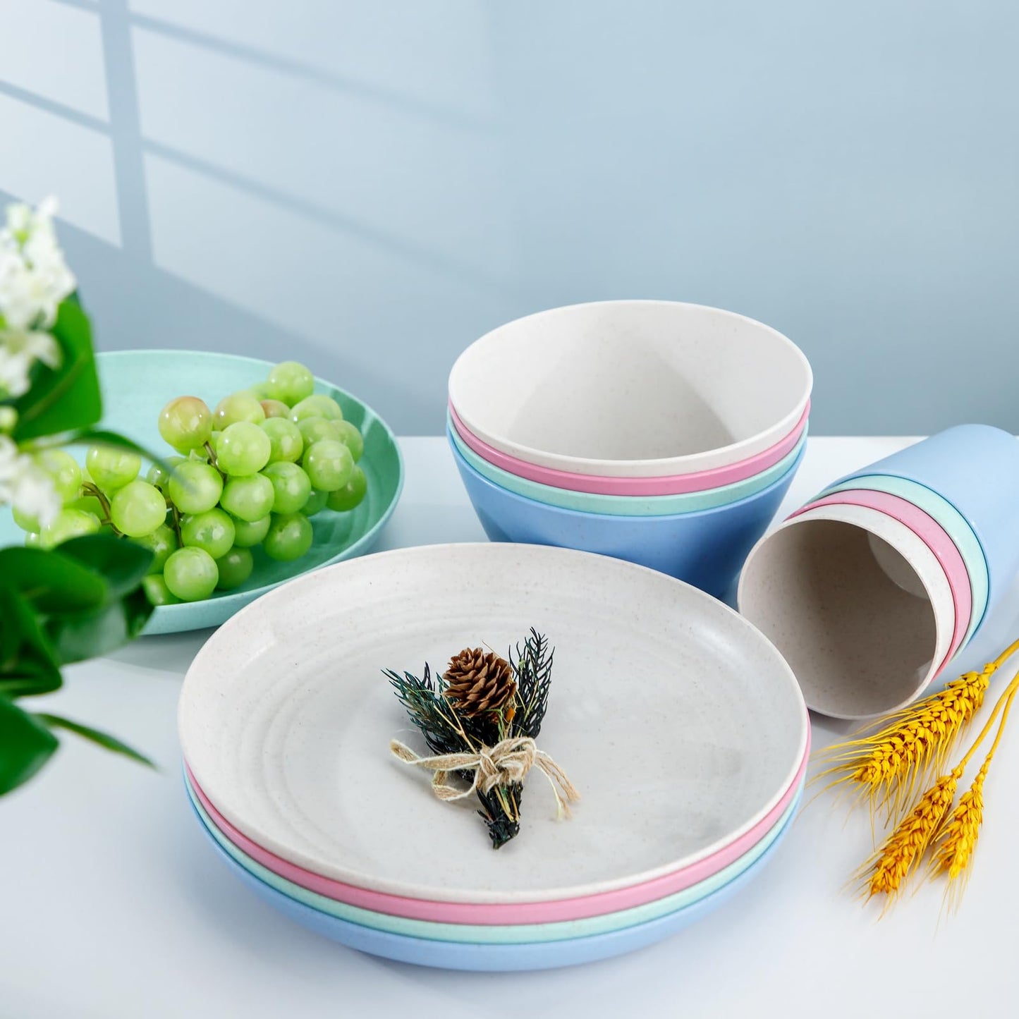 LIYH 36 Pcs Wheat Straw Dinnerware Set for 12,Plastic Plates Reusable,Camping Plates and Bowls Set,Dishwasher Safe Dinnerware,Unbreakable Plate Pink Green Blue Beige