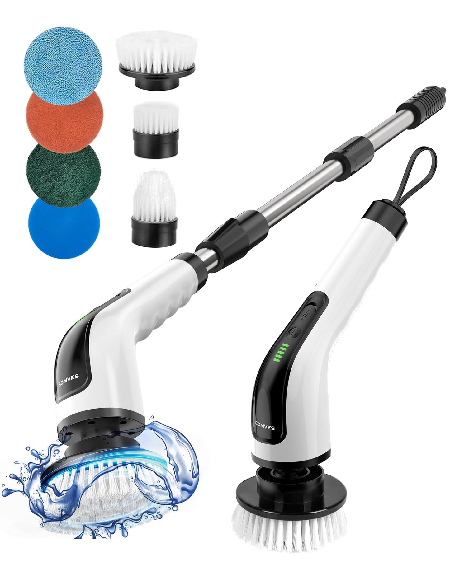 Bomves Electric Spin Scrubber, Cordless Cleaning Brush Scrubber for Home, 8 Replaceable Brush Heads-90Mins Work Time, 3 Adjustable Size, 2 Speeds for Bathroom Shower Bathtub Glass Car