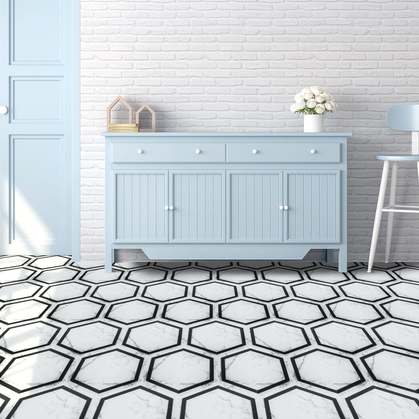 Art3d 30-Pack Hexagon Peel and Stick Flooring Tile Marble Look, Self Adhesive Waterproof Vinyl Floor Tile for Kitchen Bathroom Living Room Bedroom, 11.8" x 10.2" White Marble