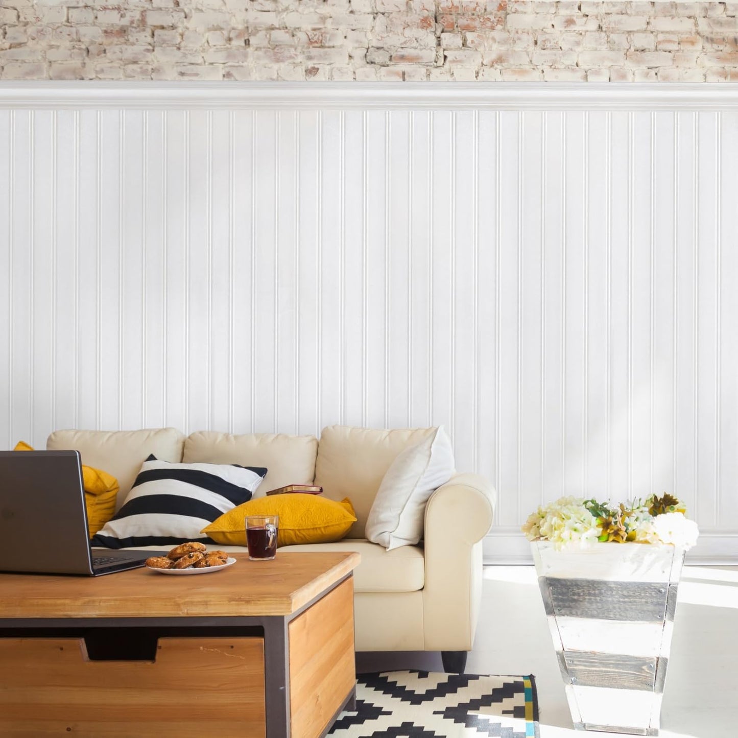 Plastpro PVC Wall Panels - 8 Foot, Reversible Beadboard & Shiplap Waterproof Wainscoting Panels for Bathrooms & Kitchens, Easy Install Interior PVC for Walls, White (7 Piece Kit)