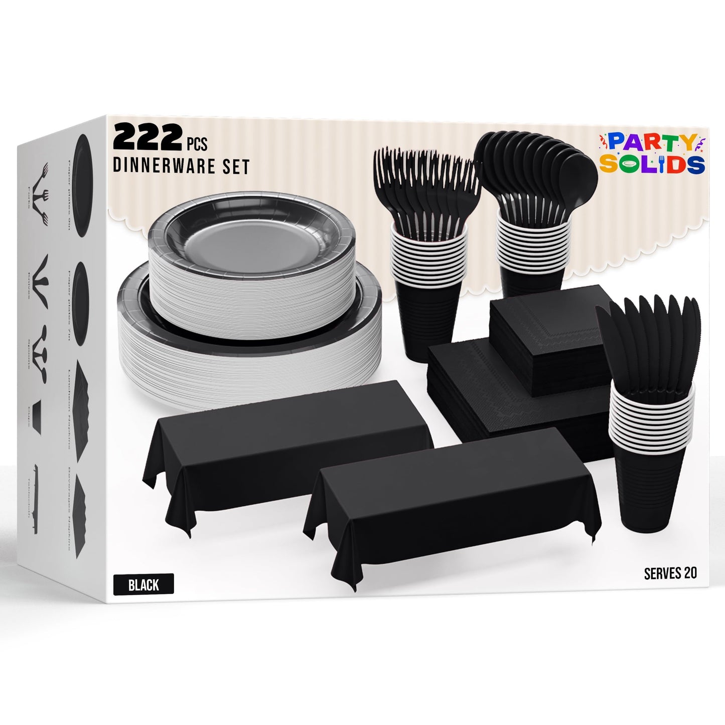Party Solids 222 Pcs Black Paper Plates and Napkins Sets, Disposable Plates For Party, Lunch & Cocktail Napkins Paper, 18oz Plastic Cups, Cutlery and Black Table cloth Plastic Dinnerware Set