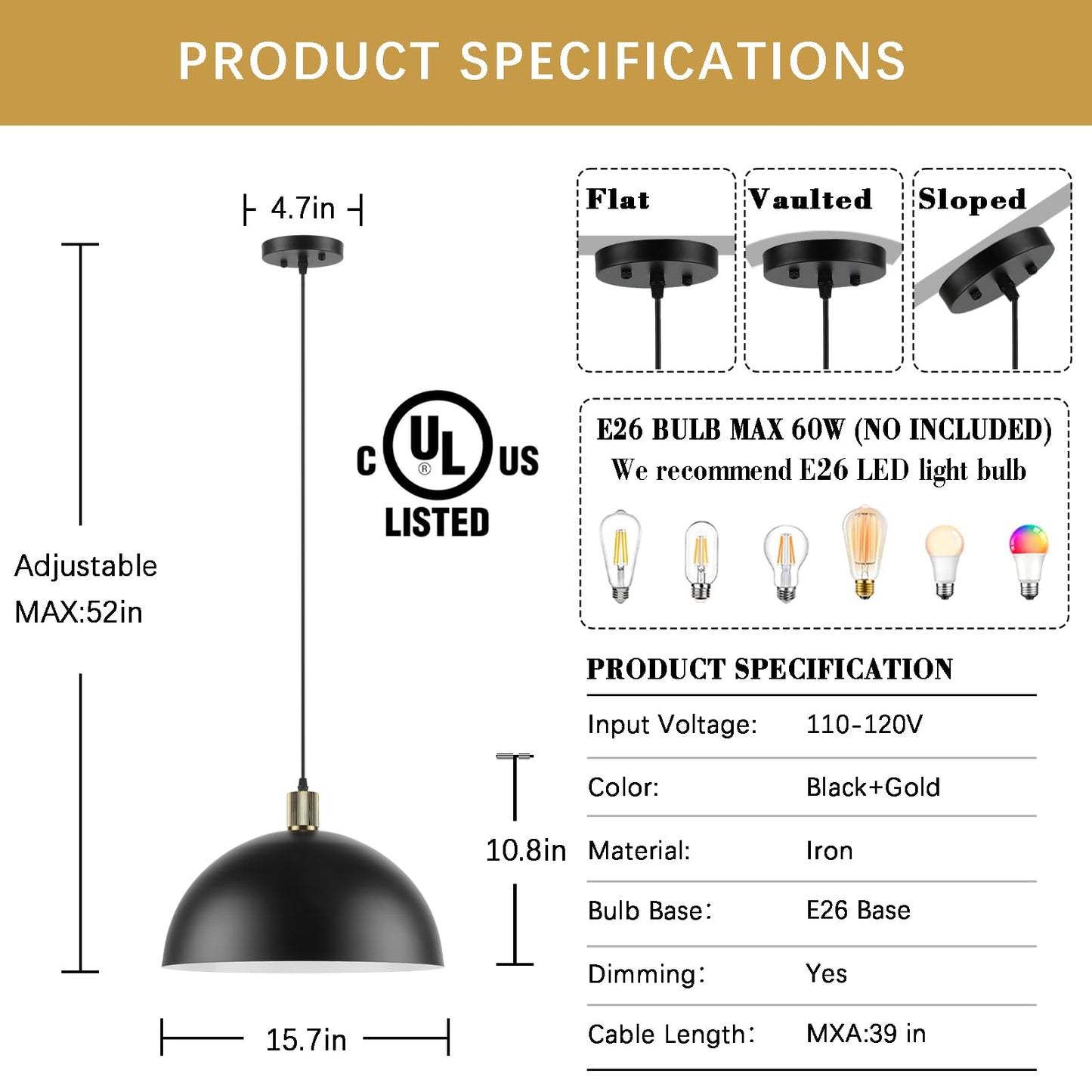 Karjearl Black Pendant Light Fixtures, 15.7 Inch Large Dome Pendant Lighting Farmhouse Vintage Chandelier for Kitchen Island Dining Room