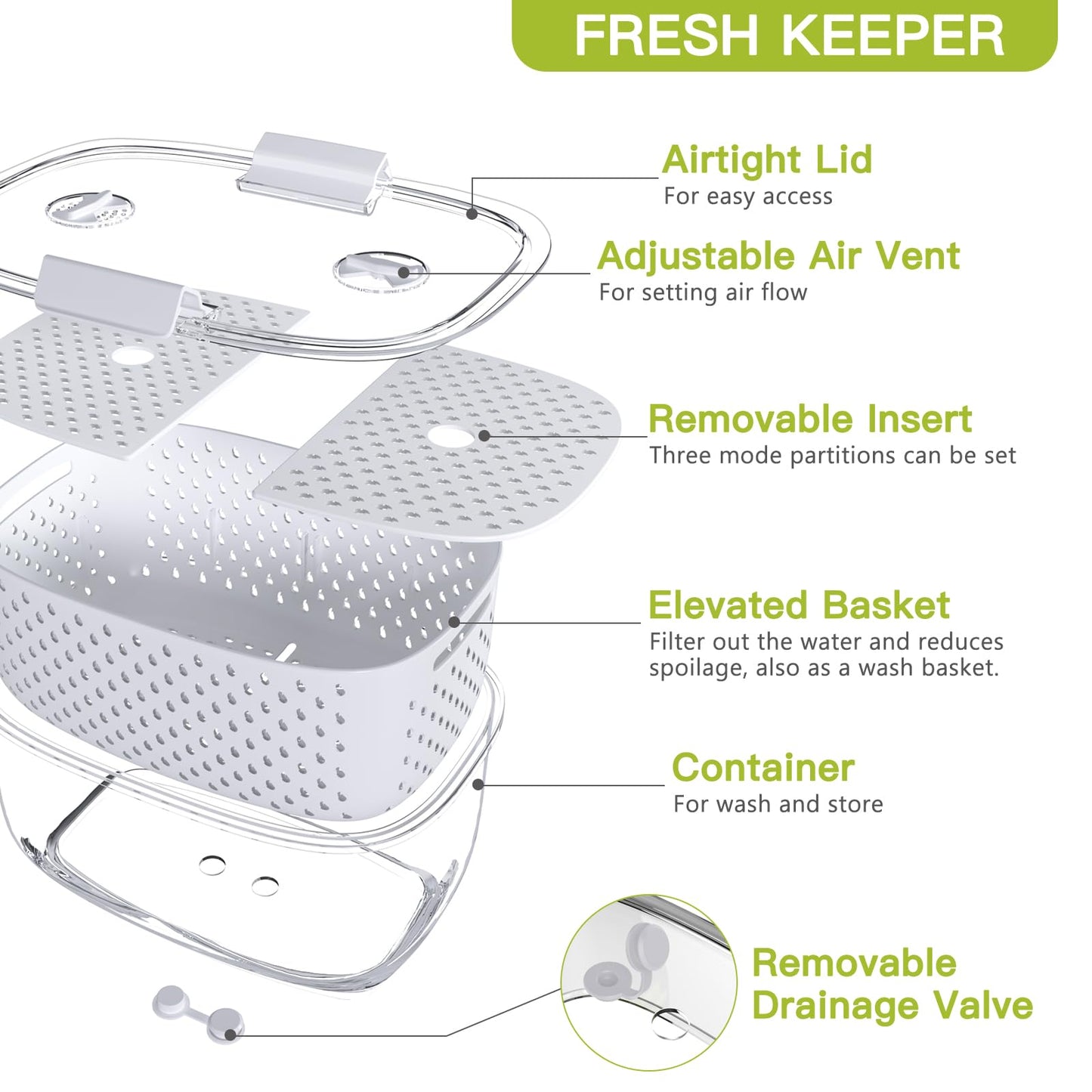 LUXEAR Fresh Produce Vegetable Fruit Storage Containers 3Piece Set, BPA-free, Partitioned Salad Container, Fridge Organizers, Used in Storing Fruits Vegetables, White