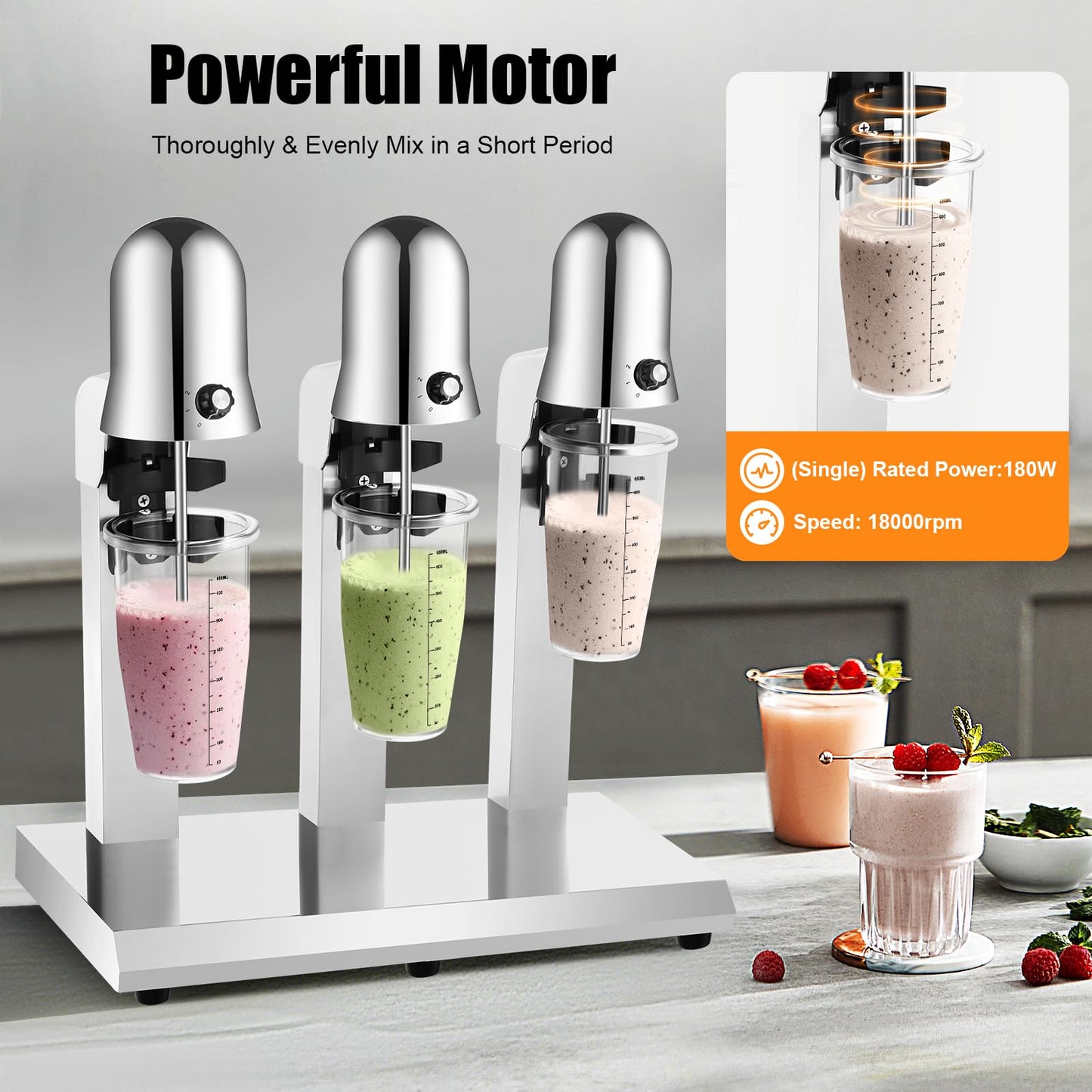 3-Head Commercial Drink Mixer, Milkshake Maker, Stand Mixer for Cocktail Maker Machine, 180W Powerful Motor with 18,000 RPM, Stainless Steel Heavy-Duty Blender for Milkshake, Fruit Smoothie, Milk Tea