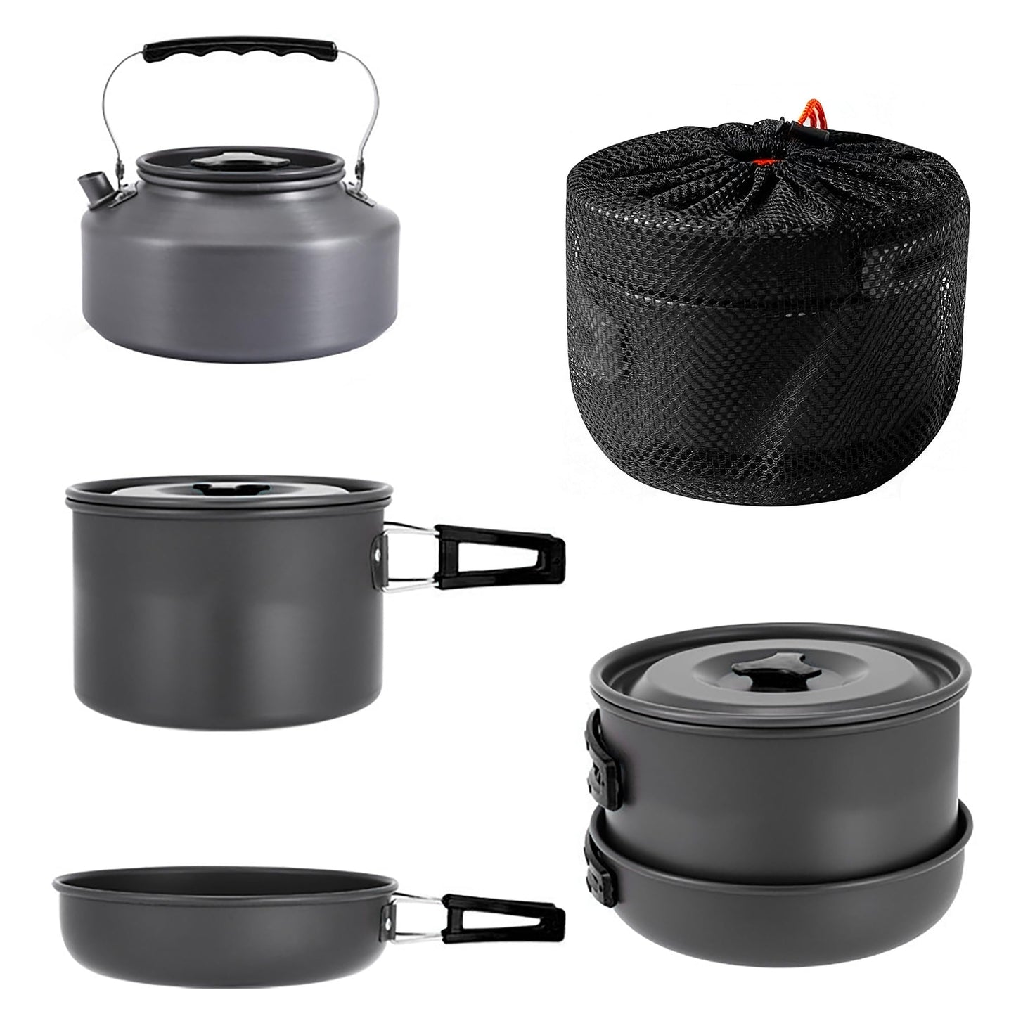 aiGear 3pcs Camping Cooking Set for 1-2 People, Lightweight Foldable Pot Pan Kettle with Storage Bag, Backpacking Cooking Set for Hiking Picnic Camping (Black)