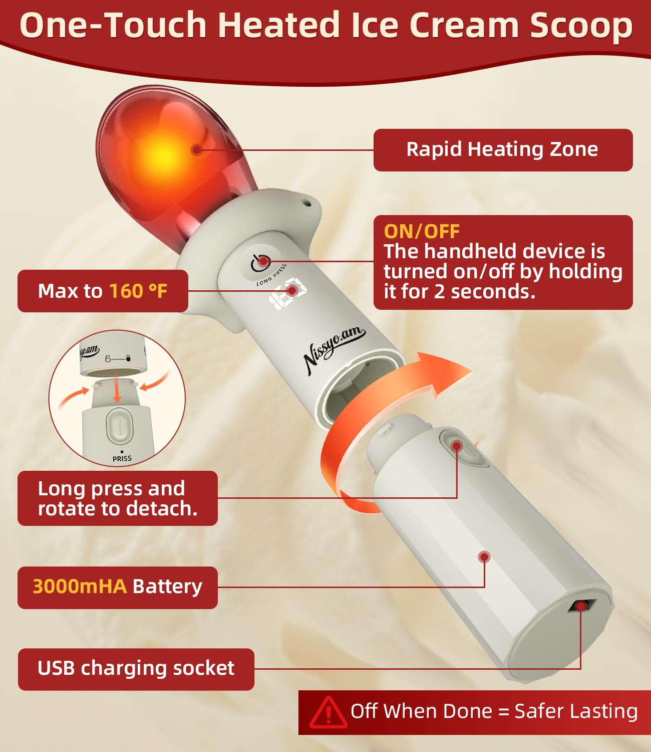 NISSYO.AM Heated Ice Cream Scoop Rechargeable, Electric Ice Cream Scooper with Removable Battery &Drip-Proof Stand, OneTouch 3 Fast Heating Levels for Hard Ice Cream, IP68 Waterproof,Best Gift for Mom