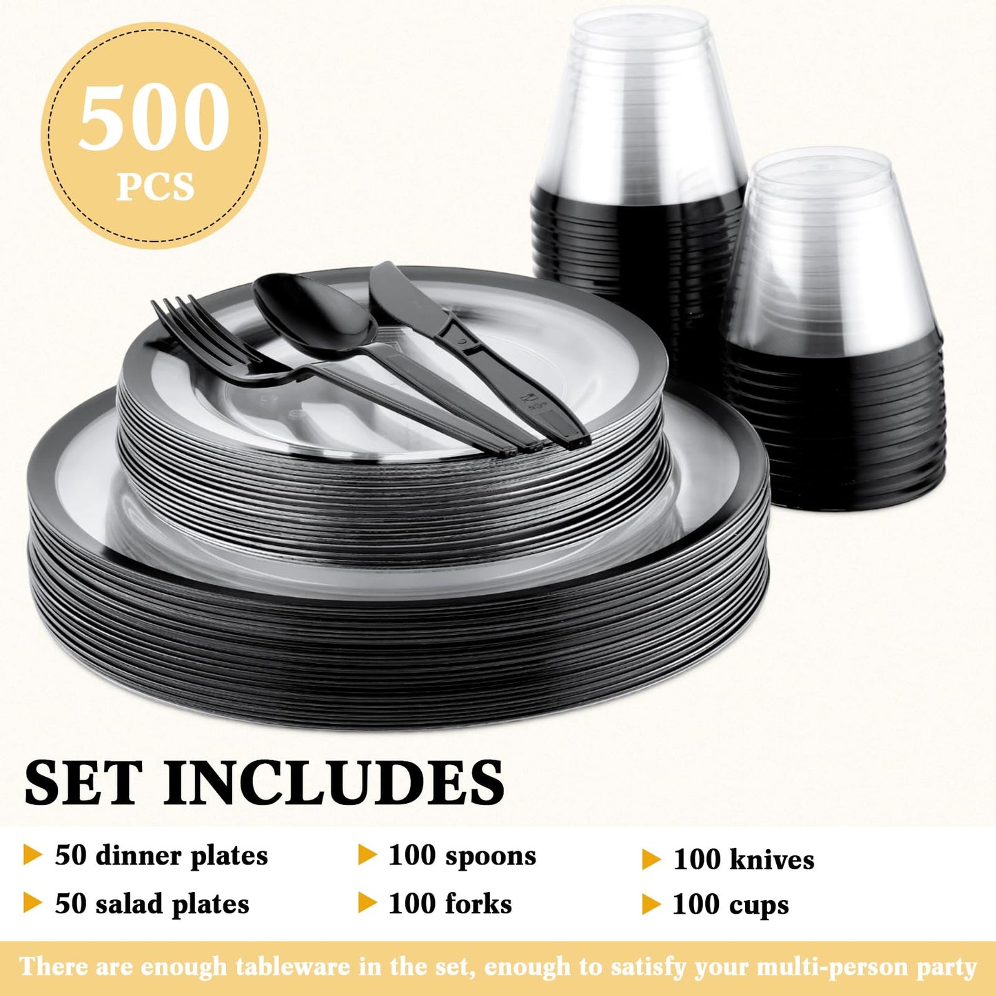 Norme 500 Pcs Disposable Plastic Dinnerware Set for 100 Guests, Disposable Dinnerware Set for Birthday Wedding Party of 100 Plastic Plates, 100 Plastic Cups, 100 Spoons, 100 Forks, 100 Knives(Black)