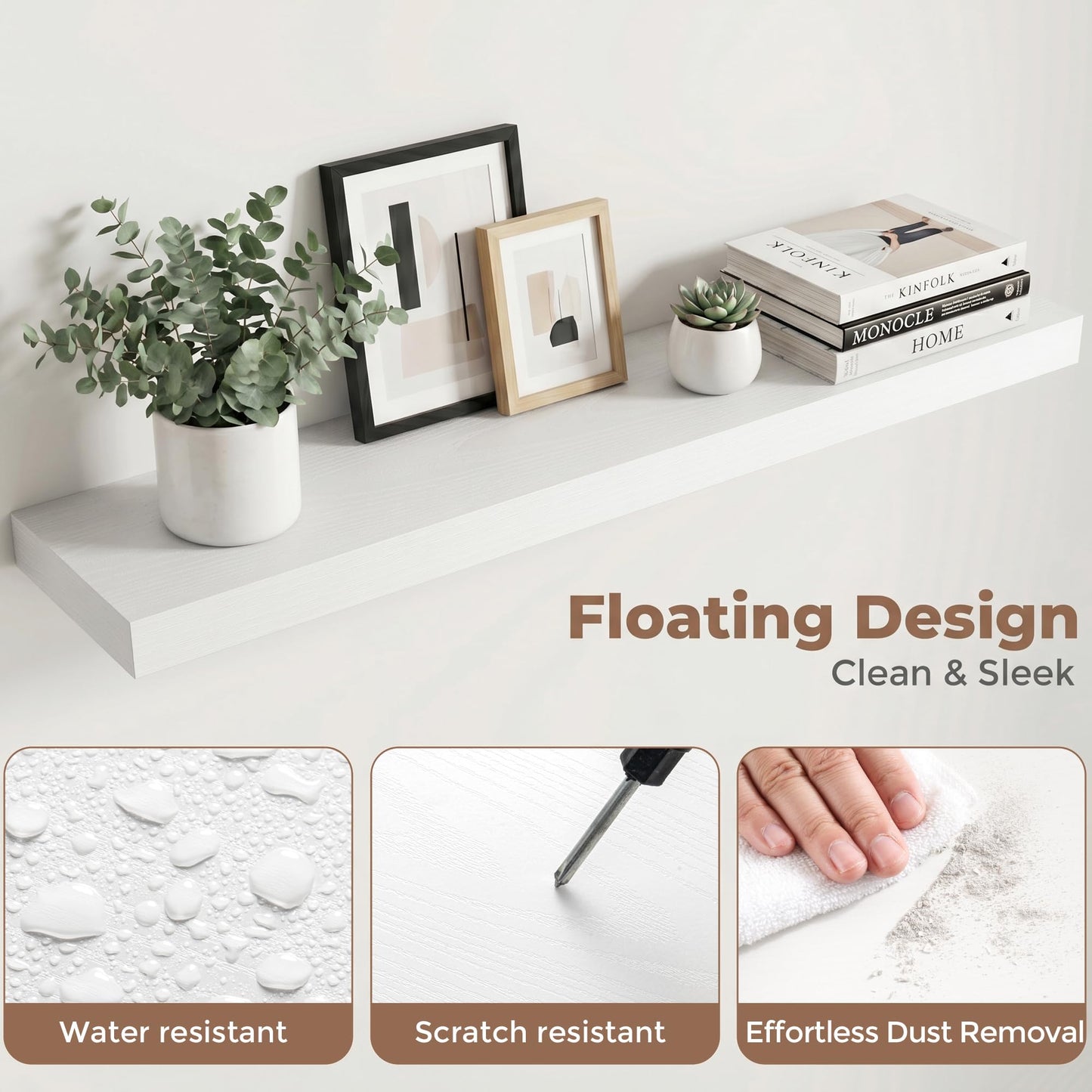 FLYJOE Floating Shelves for Wall, 40 Inch Floating Shelves Set of 2, 8" D Wooden Wall Mounted Display Shelves with Invisible Brackets for Living Room, Bedroom, Bathroom, Kitchen Decor, White