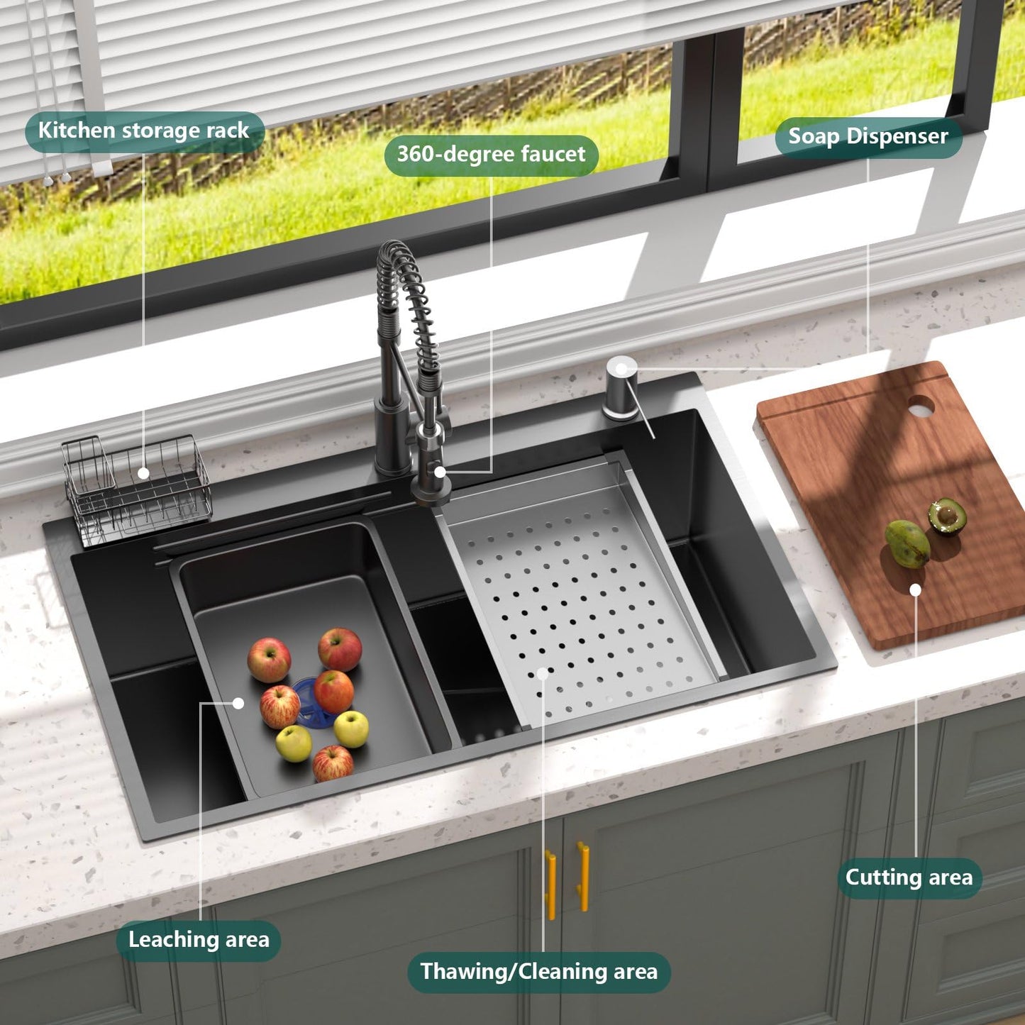 Stainless Steel Kitchen Sink with Faucet: 30-Inch Drop In Single Bowl Farmhouse Workstation Sink - Noise Reducing Design & Accessories Included (Black, 3018)