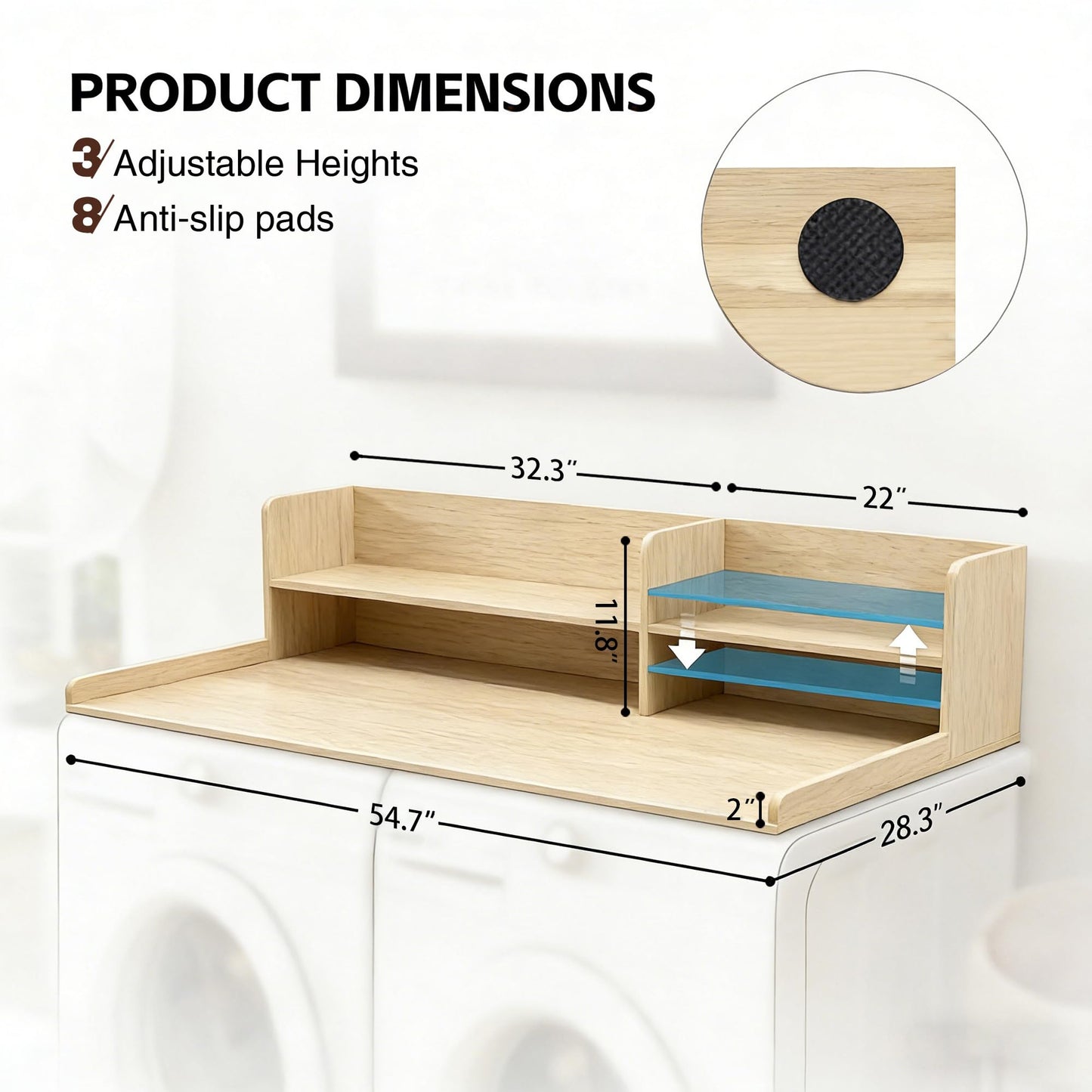 Desility Washer and Dryer Countertop, 54.7" W X 28.3" D Wooden Laundry Countertop with Adjustable Shelves, 2 Tier Washer and Dryer Topper for Laundry Room Organization, Natural