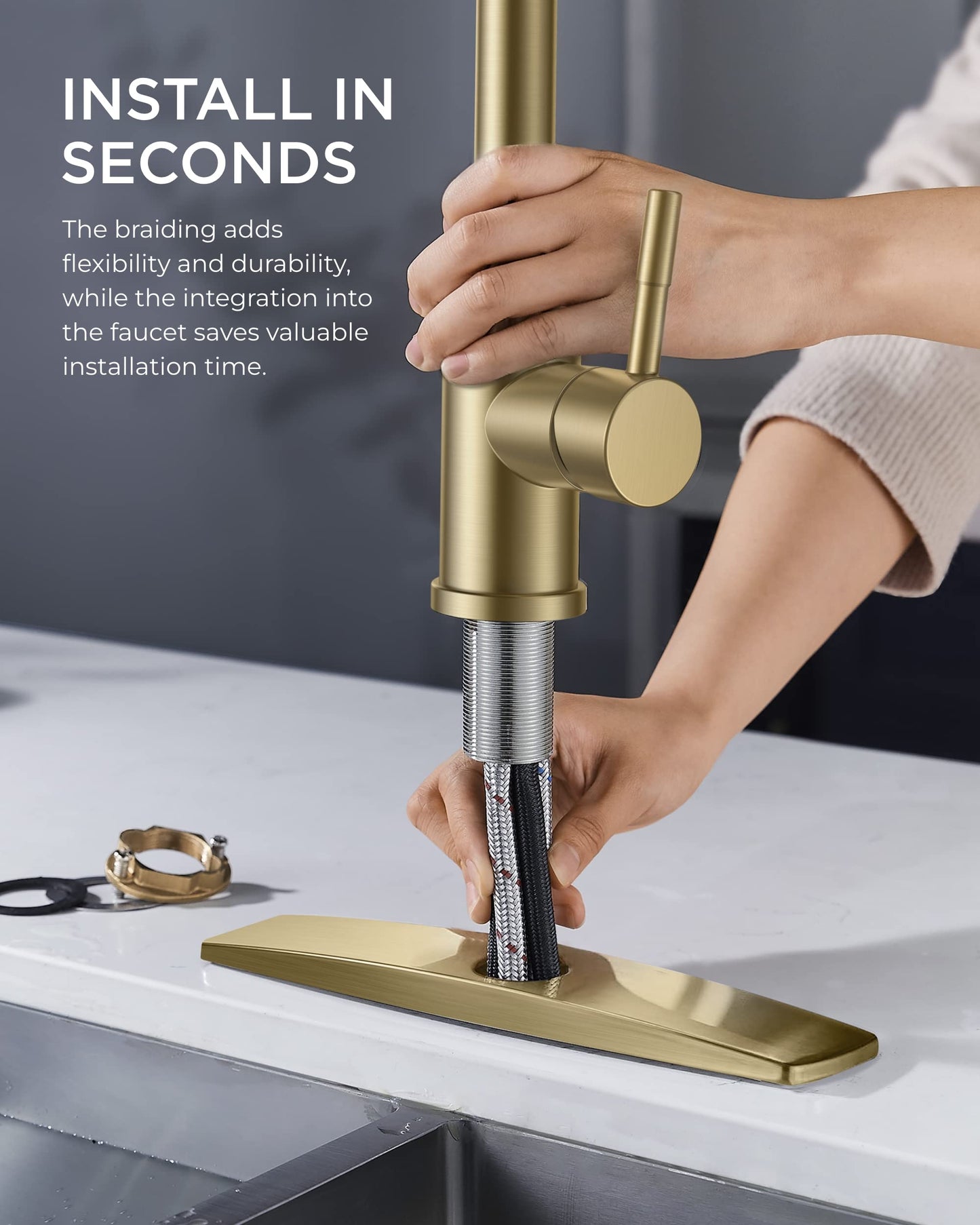 FORIOUS Gold Kitchen Faucet with Pull Down Sprayer, Stainless Steel Single Handle Classic Pull Out Sink Faucet for Farmhouse Laundry RV Bar, with Deck Plate for 1 or 3 Holes
