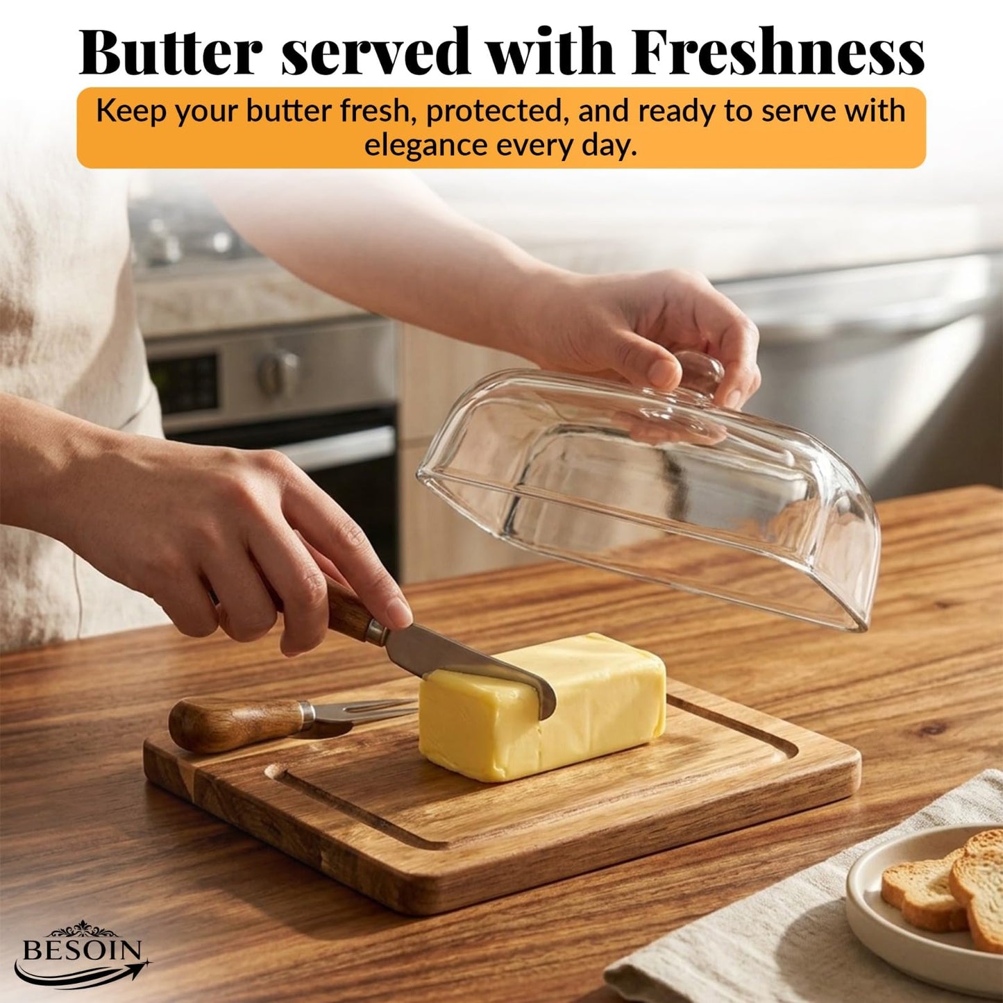 Butter Dish with Lid and Knife Set - Elegant Glass Butter Dish for Countertop – Wooden Base Butter Holder - Large Butter Dish with Lid for 8oz Sticks, Cheese, & Fruit
