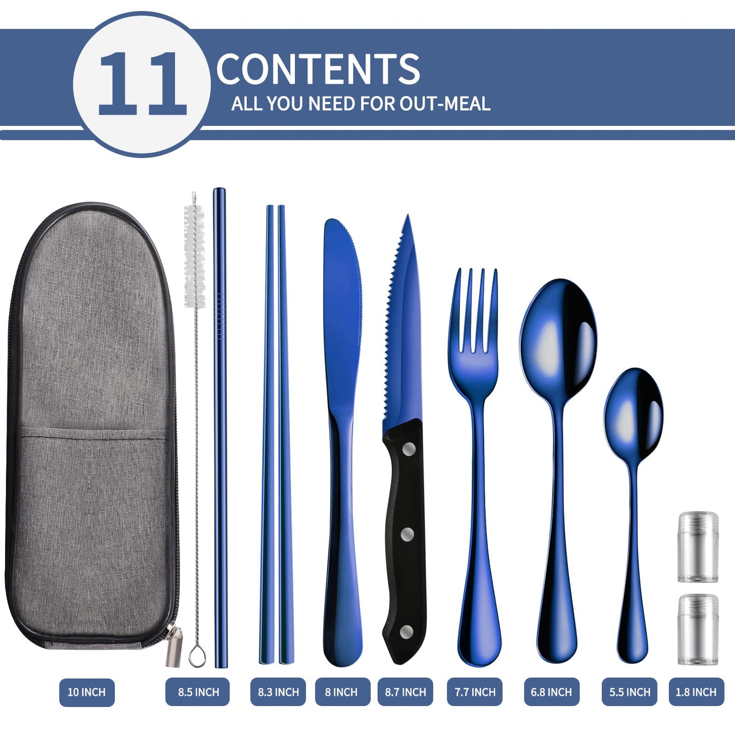 Logcow Travel Utensils Set with Case, 10-Piece Reusable Stainless Steel Camping Cutlery, Portable Fork Spoon Knife Chopsticks & Straw for Work, Lunch, Picnic (Blue)