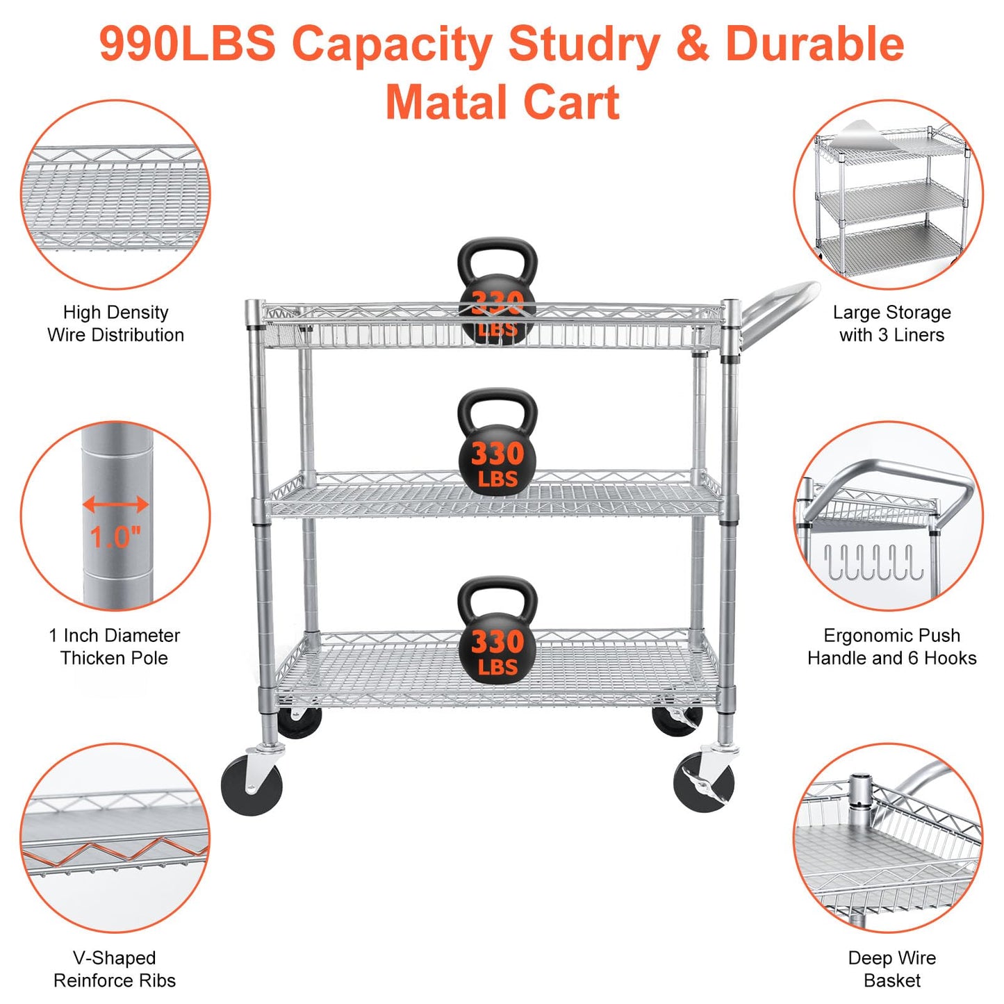 BolDuck Heavy Duty Utility Cart, 990Lbs Capacity 3 Tier Rolling Carts with Wheels, Kitchen Cart on Wheels with Storage, Commercial Grade Metal Serving Carts with Wire Shelving &Handle Bar, Silver