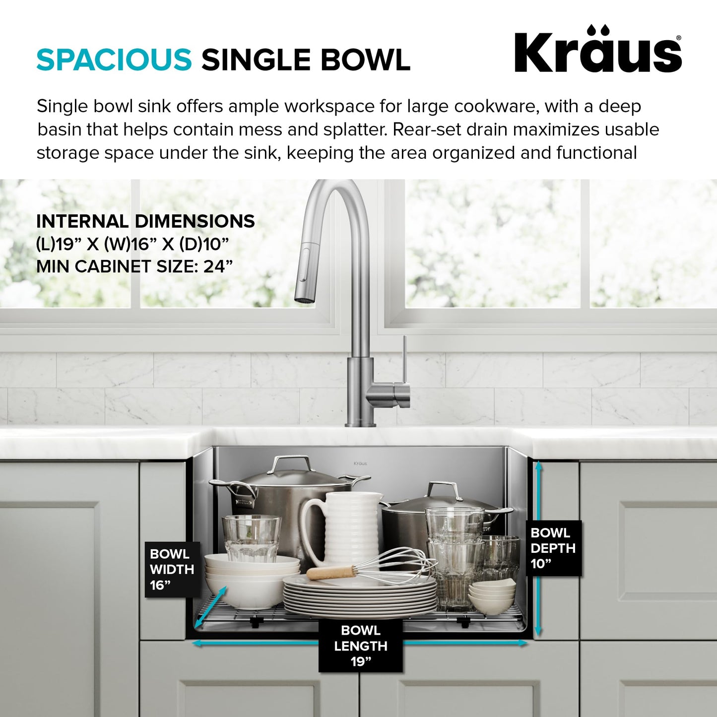 Kraus KHU101-21 Standart PRO 16 Gauge Undermount Single Bowl Set (4 Item Bundle: Sink, Bottom Grid, Drain Assembly, Kitchen Towel), 21 Inch, Stainless Steel