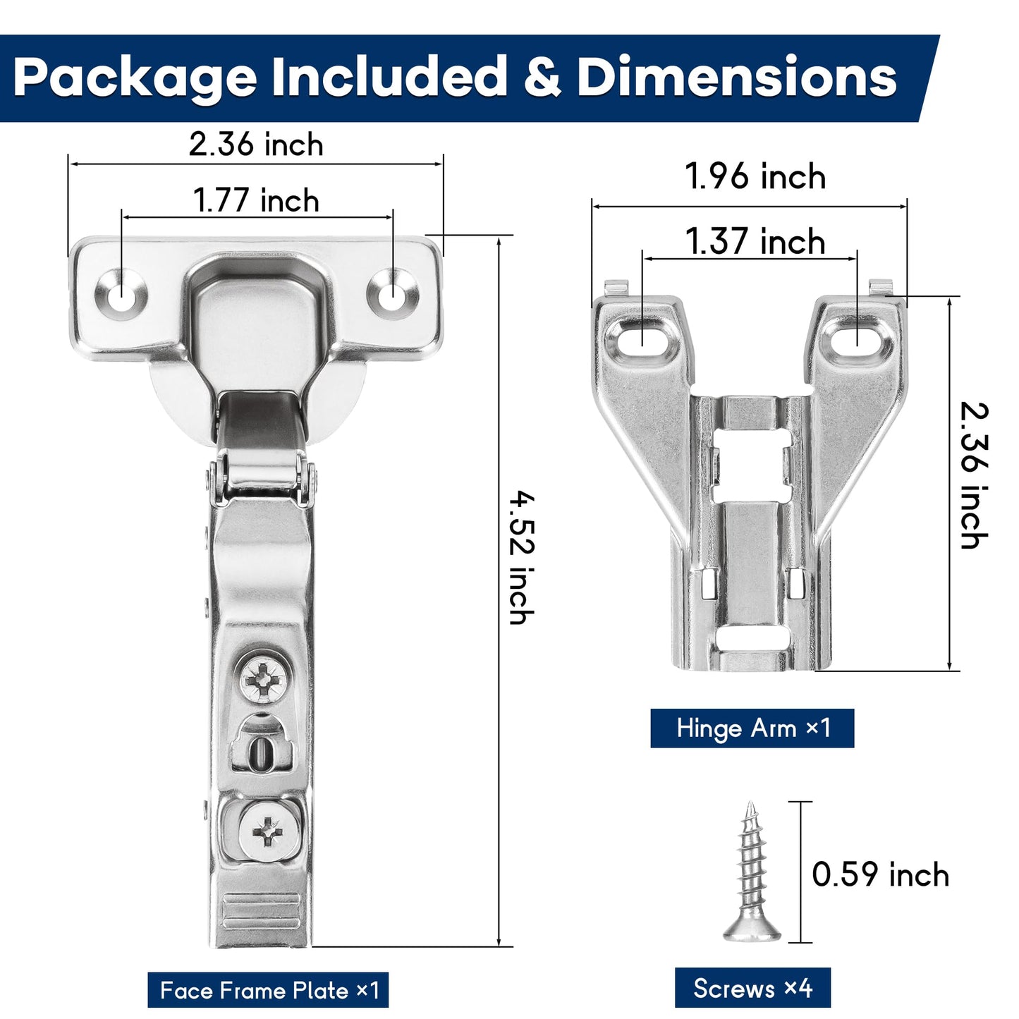 10 Pack 1/2'' Overlay Face Frame Soft Close Hidden Cabinet Hinges, 105 Degree 3D Adjustable Clip On Plate Concealed Kitchen Cupboard Door Hinges with Screws