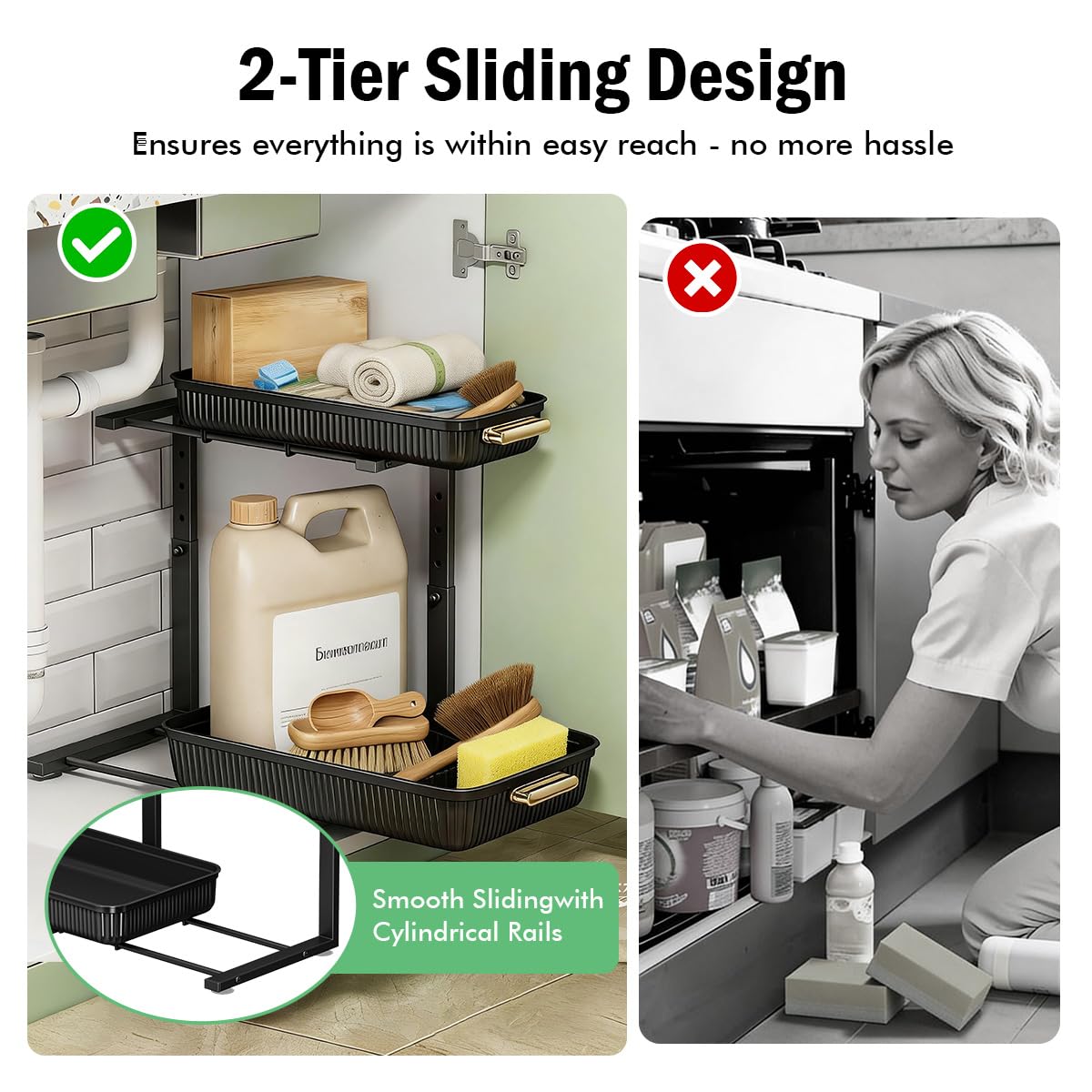 ARSTPEOE Under Sink Organizer - 2 Packs Multi-Purpose Pull-Out Storage Organizers, Slide out Pull out Metal Cabinet Organizer Shelf, Storage for Kitchen Bathroom, Black