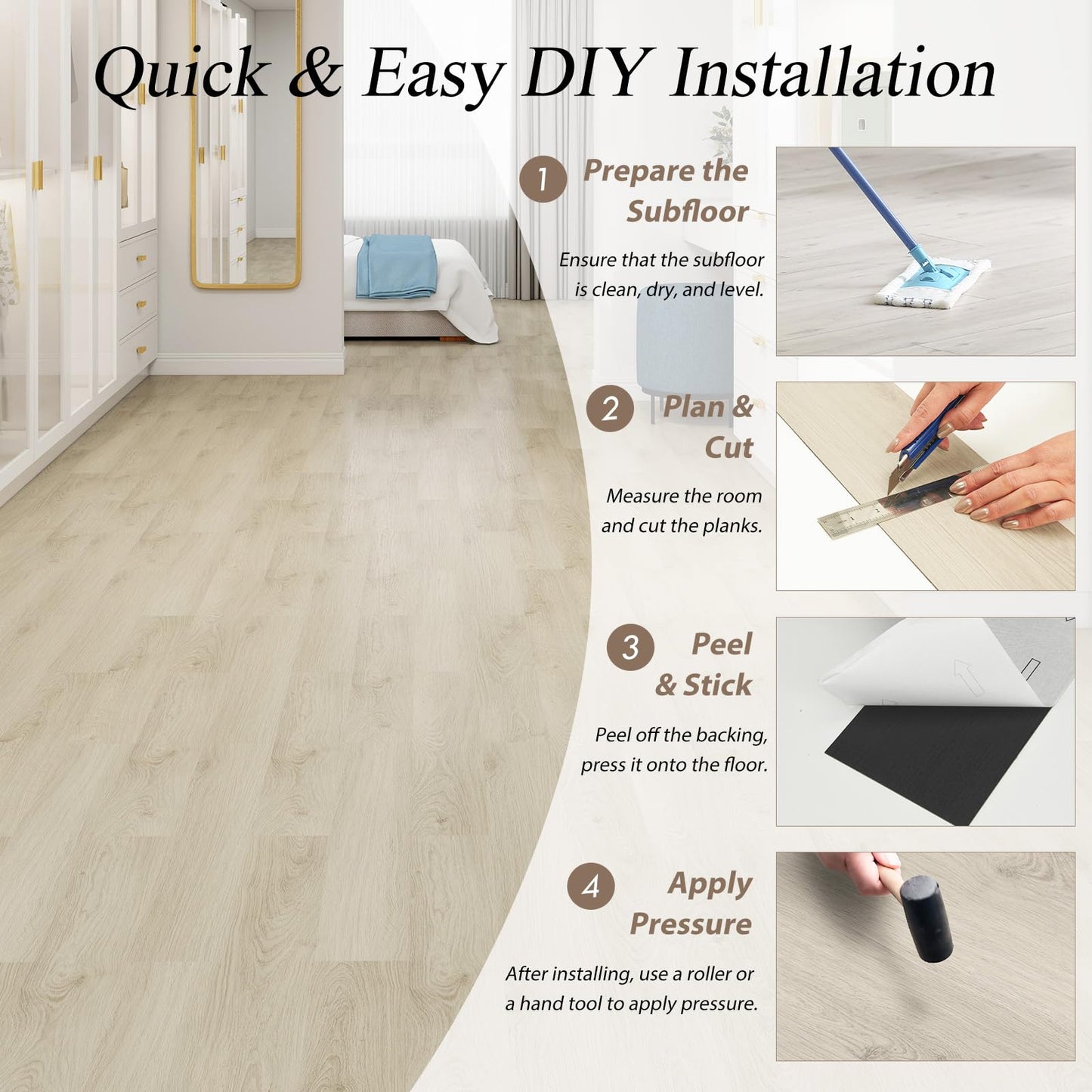 Mysflosy Peel & Stick Floor Tile, 36-Pack 54 Sq.Ft Waterproof Luxury Vinyl Flooring Self-Adhesive, Wood-Look Vinyl Planks for DIY Installation