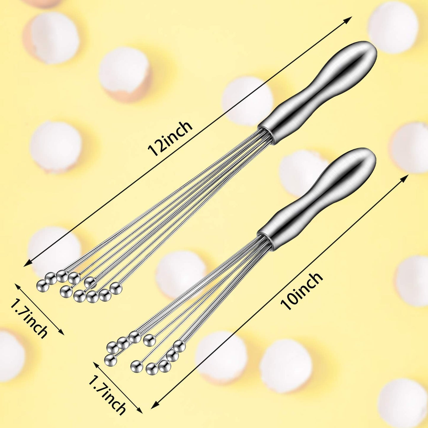 Patelai 2 Pieces Ball Whisk Set 10-Inch and 12-Inch Stainless Steel Ball Whisk Wire Egg Whisks for Cooking, Blending, Whisking, Beating, Stirring(10 Inch, 12 Inch)