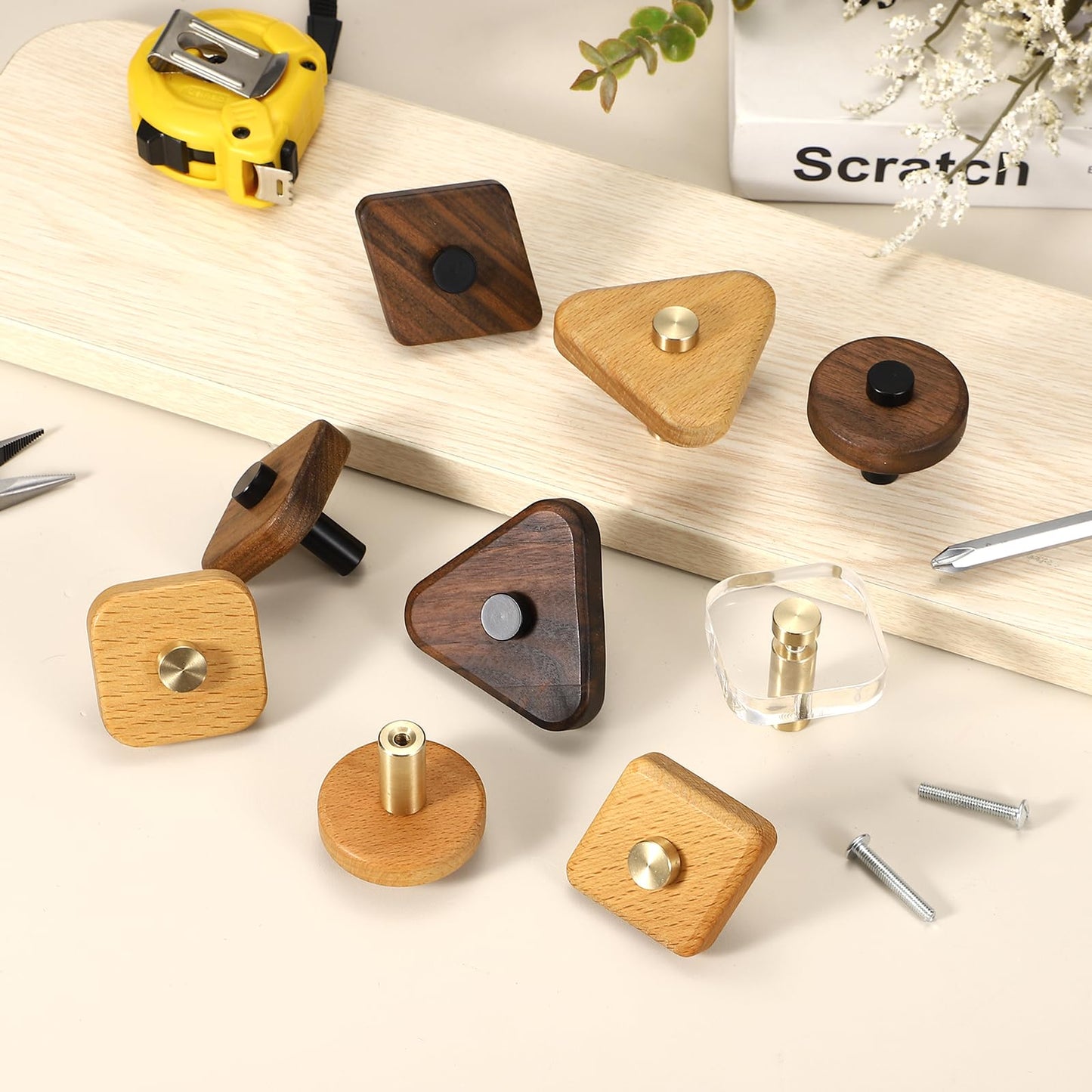 uxcell 6 Pcs Wood Cabinet Knobs, 2.2 Inch Rhombic Single Hole Wooden Drawer Knobs Mushroom Shape Handle Pulls with Screws for Furniture Closet Dresser, Black Wood Color