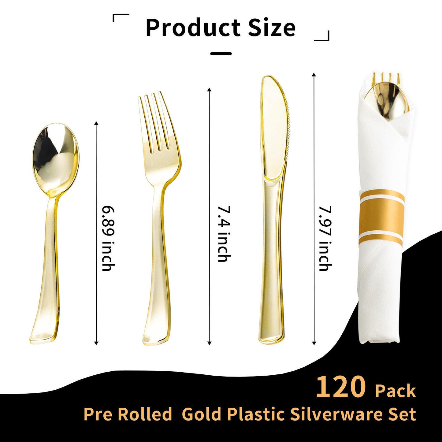 N9R 120 Pack Pre Rolled Gold Plastic Silverware Set, Wrapped Plastic Silverware Set with 120 Forks, 120 Knives, 120 Spoons and 120 Napkins, Disposable Cutlery Set for Party and Wedding