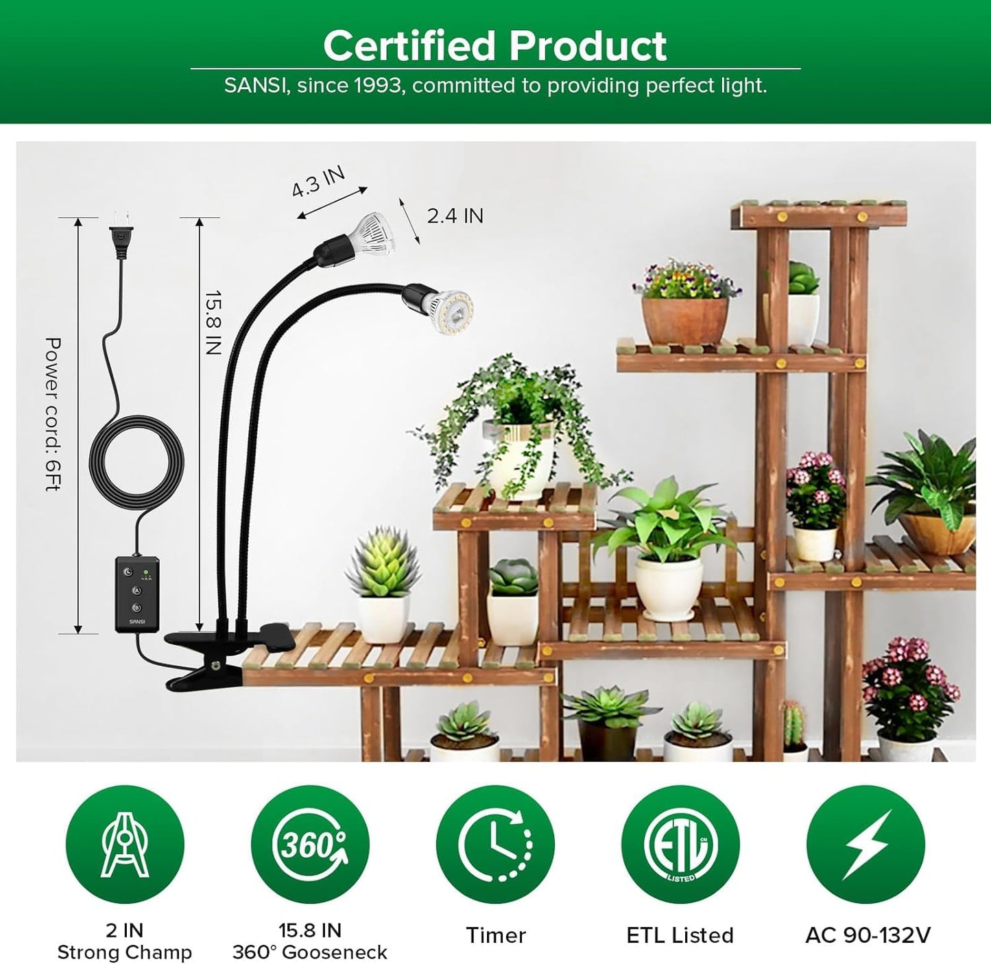 SANSI LED Grow Lights for Indoor Plants, Lifetime Free Bulb Replacement, 300W Full Spectrum Dual Gooseneck Clip Plant Grow Light, Plant Light with Timer 4/8/12 Hrs, High PPFD Growing Power Grow Lamp