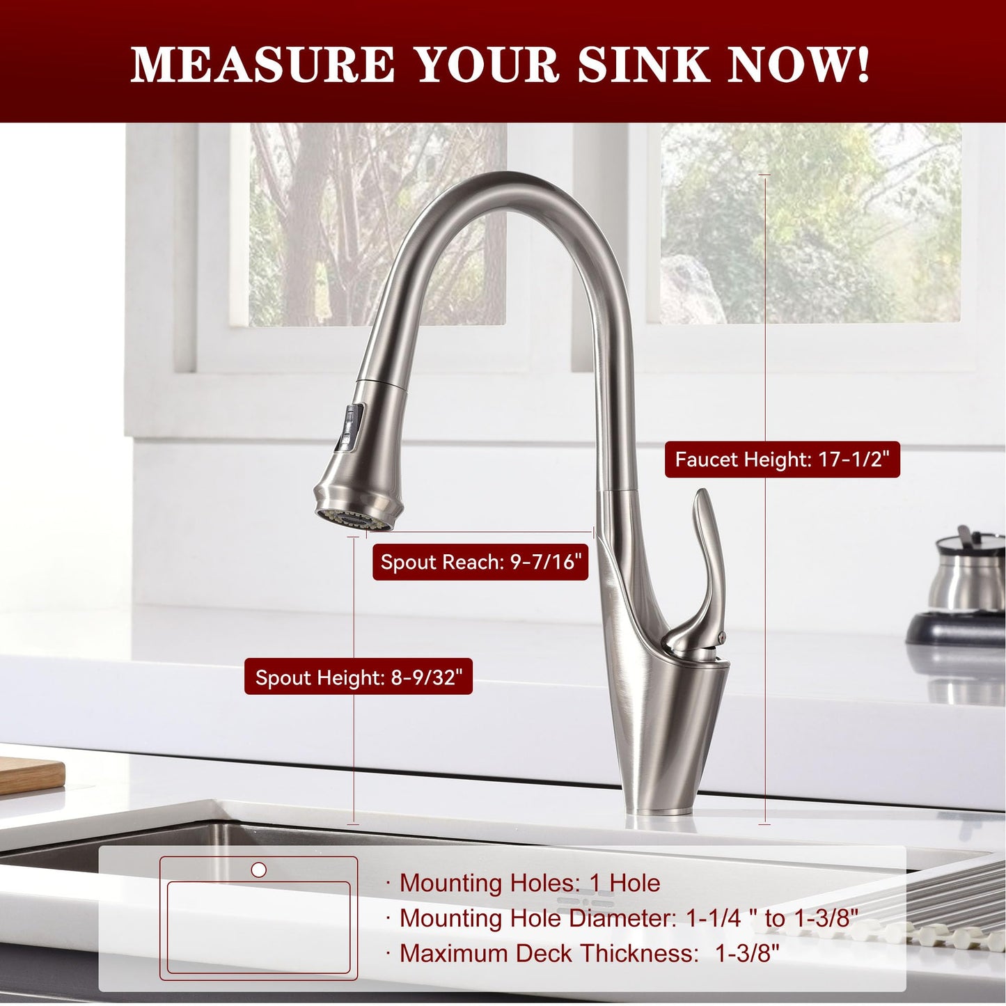 sumerain Brushed Nickel Single Handle Pull Out Kitchen Faucet, Stainless Steel 1 Hole Kitchen Sink Faucet with Pull Down Sprayer