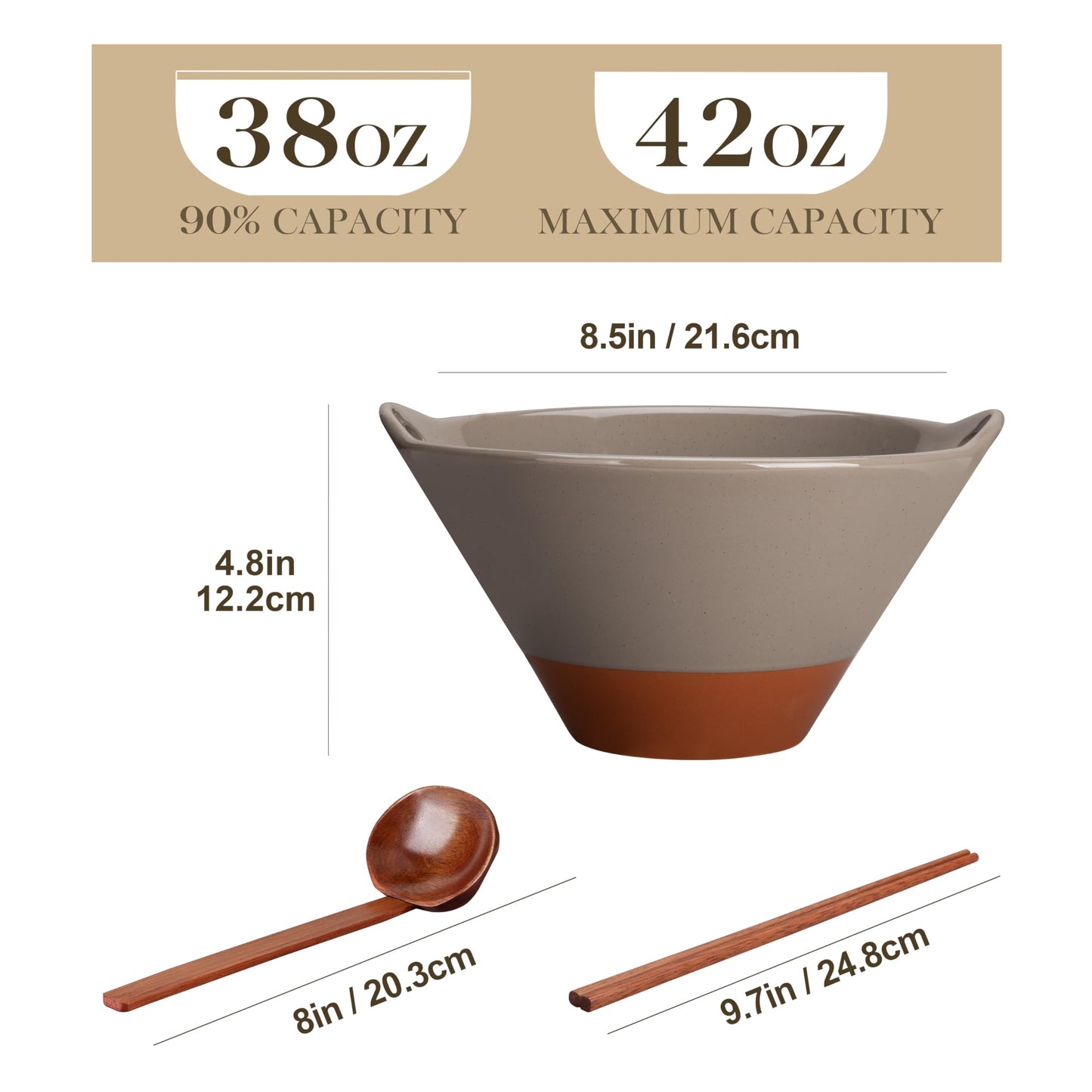 MALACASA 42 oz Ceramic Ramen Bowl Set with Wooden Spoon & Chopsticks, Japanese Style Soup Bowls for Ramen, Pho, Noodles – Set of 2, Microwave & Dishwasher Safe, Series TARA (Brown and Khaki)