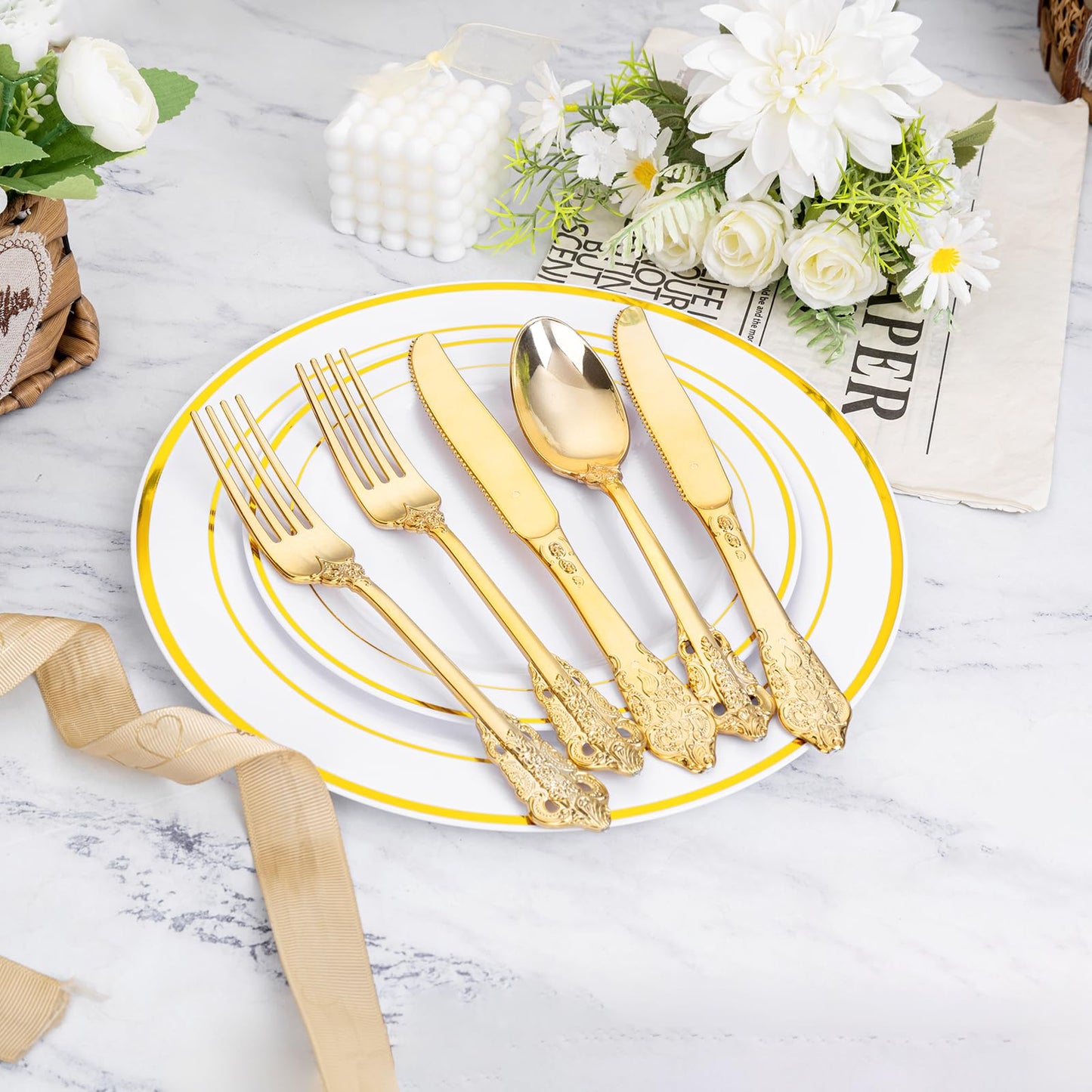 WDF 120PCS Gold Plastic Silverware - Heavy Duty Gold Plastic Cutlery Set Disposable Utensils - 40 Forks, 40 Spoons, 40 Knives, Perfect for Party Weeding Daily Use Baby Showe Spring