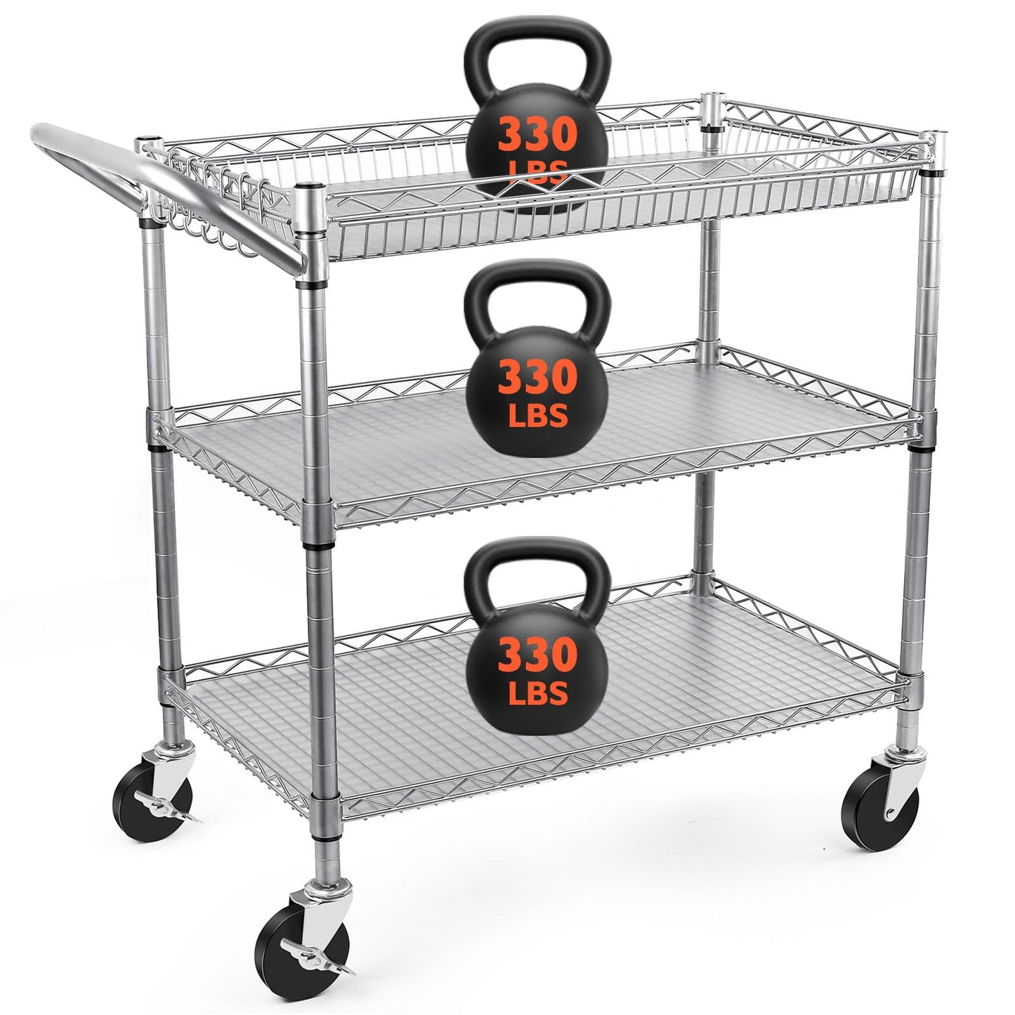 BolDuck Heavy Duty Utility Cart, 990Lbs Capacity 3 Tier Rolling Carts with Wheels, Kitchen Cart on Wheels with Storage, Commercial Grade Metal Serving Carts with Wire Shelving &Handle Bar, Silver