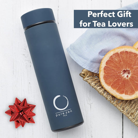 Pure Zen Tea Thermos with Infuser for Hot and Cold Infusions - Stainless Steel - Tea Infuser Bottle - Leakproof Travel Mug with Filter - 15oz - Blue