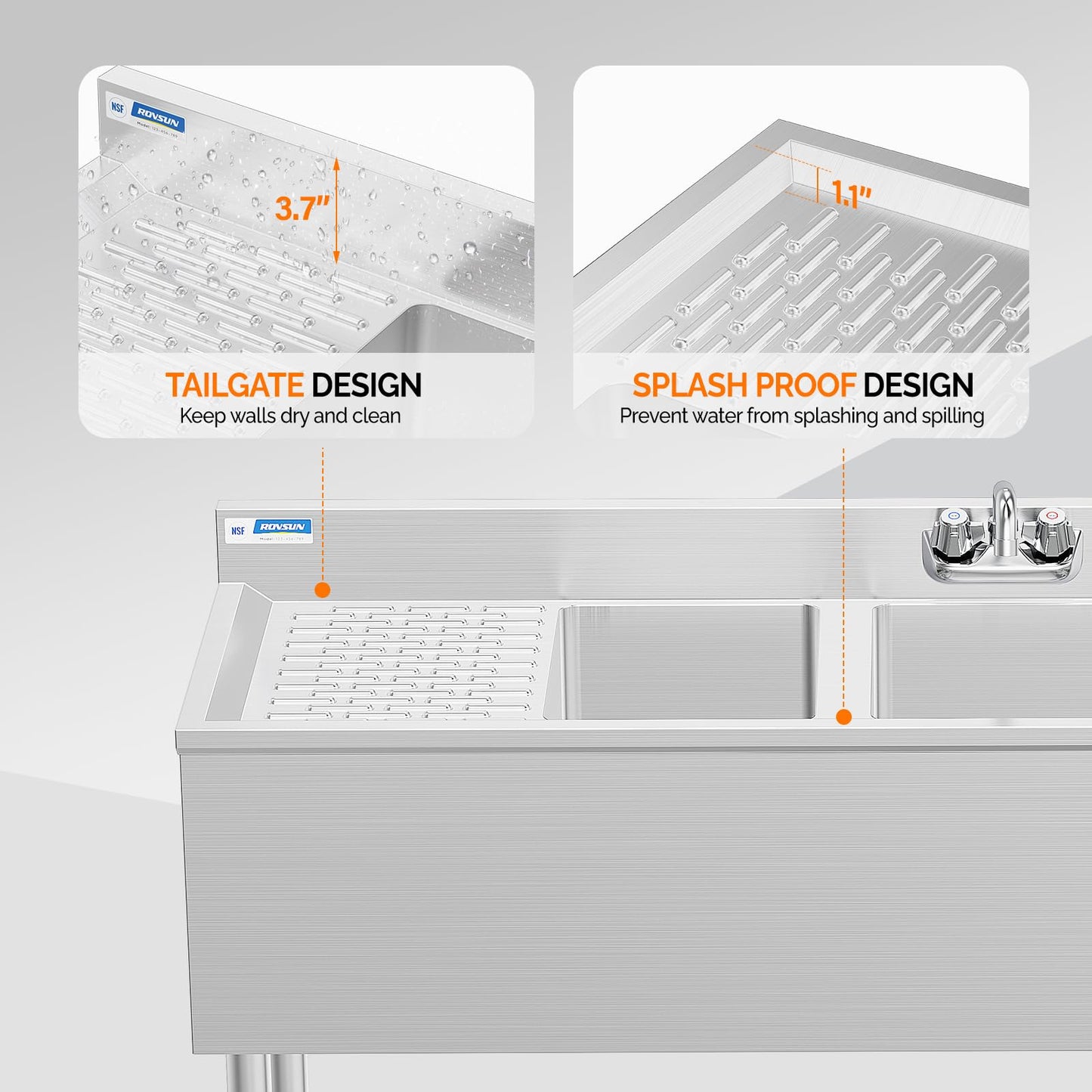 ROVSUN NSF 3 Compartments Bar Sink, Commercial Stainless Steel Underbar Sink with Double Drainboard, Freestaning Large for Kitchen, Bar, Laundry, Garage Use, 60 L x 33 W x 18.4 H