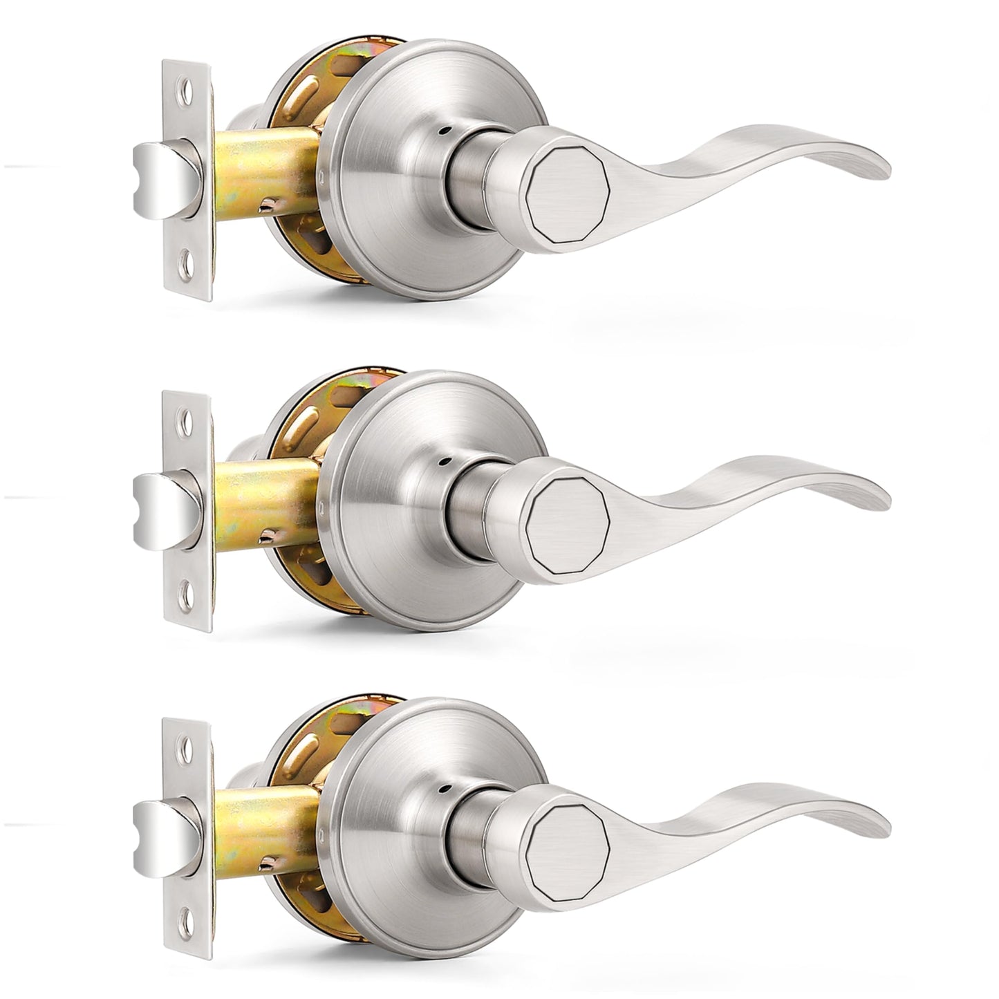 Probrico Passage Door Levers Satin Nickel Interior Door Handle for Hallway and Closet, Keyless Non-Locking Door Levers, 3 Pack