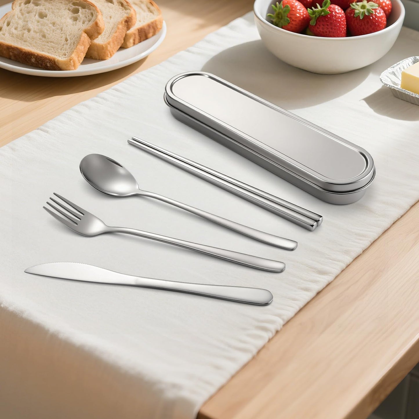 Travel cutlery set, 18/8 stainless steel cutlery, Reusable utensils set with case, Portable Silverware Lunch Box for Camping and Office (Stainless Steel)