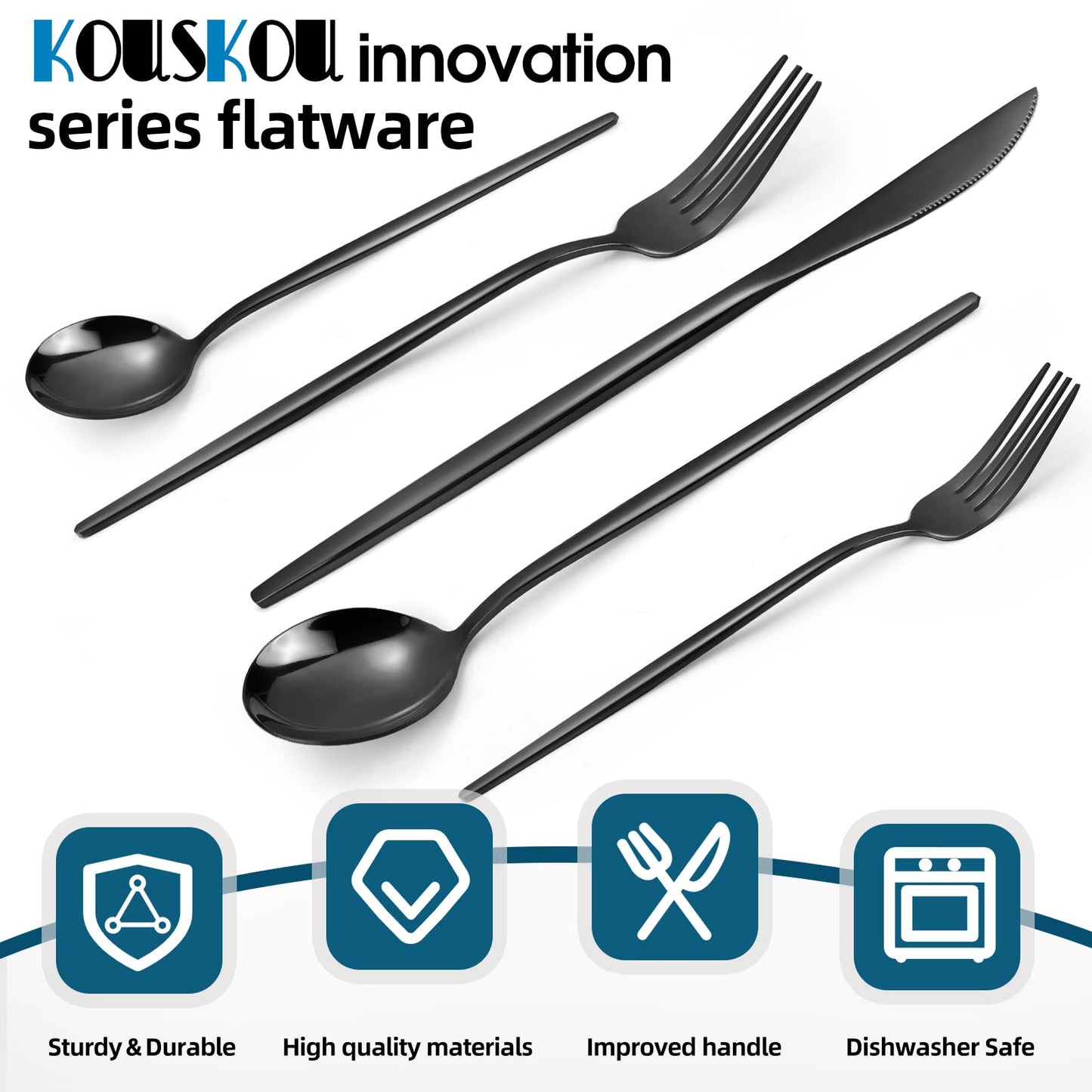 KOUSKOU Mirror Black Silverware Set, 20-Piece Flatware Cutlery Sets Service for 4, Mirror Polished Tableware Set, Utensils for Kitchens, Home and Restaurant, Dishwasher Safe