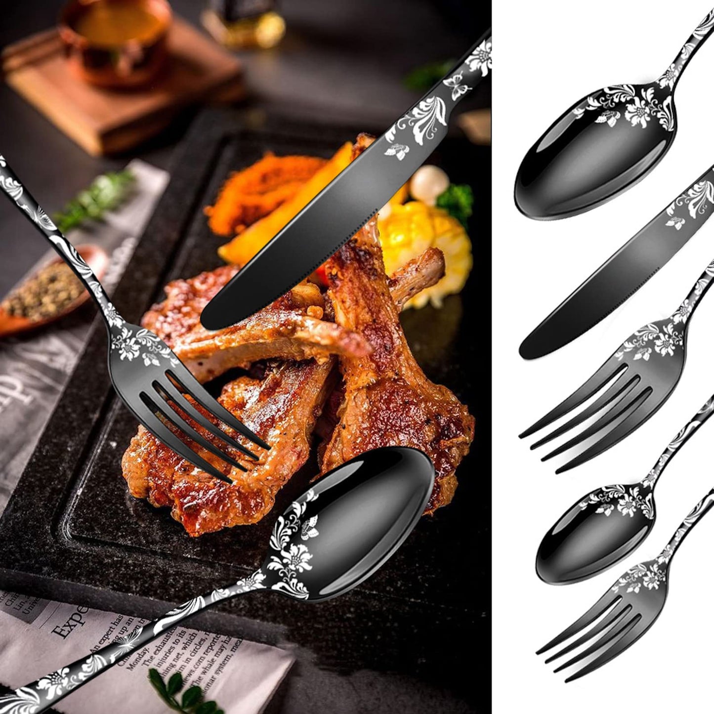 Vilihkc 20 piece Unique Pattern Design Silverware Set, Stainless Steel Flatware Set Service for 4, black Cutlery Set, Mirror Polished Utensil Set for Kitchen, Dishwasher Safe