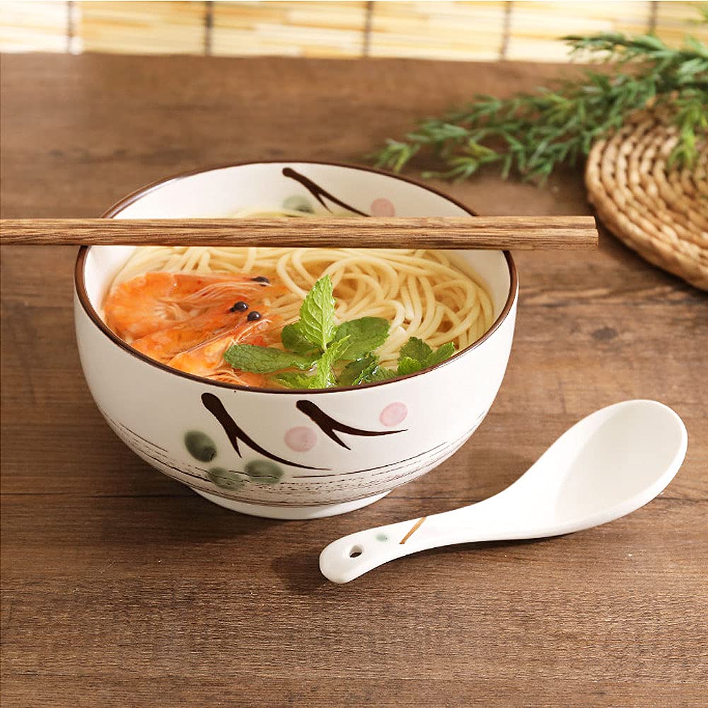 WHJY White Ceramic Bowl with Lid, Spoon, Chopsticks for Soup, Rice, Noodles. Japanese Traditional Style Tableware.