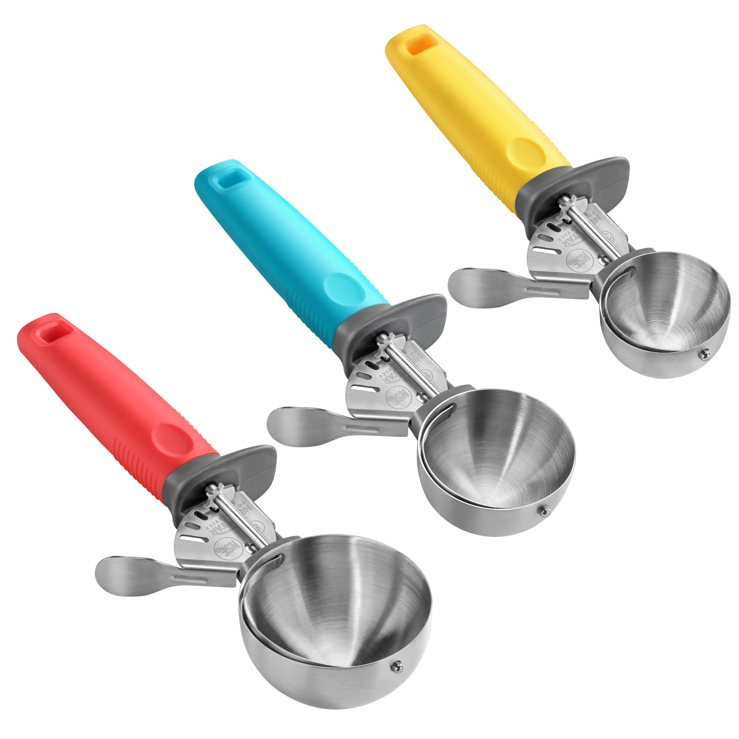New New Star Foodservice Commercial-Grade Thumb Press Food Disher/Ice Cream Scoop, 3-Pack, #8 Red + #16 Blue + #30 Yellow, 18-8 Stainless Steel, NSF Certified