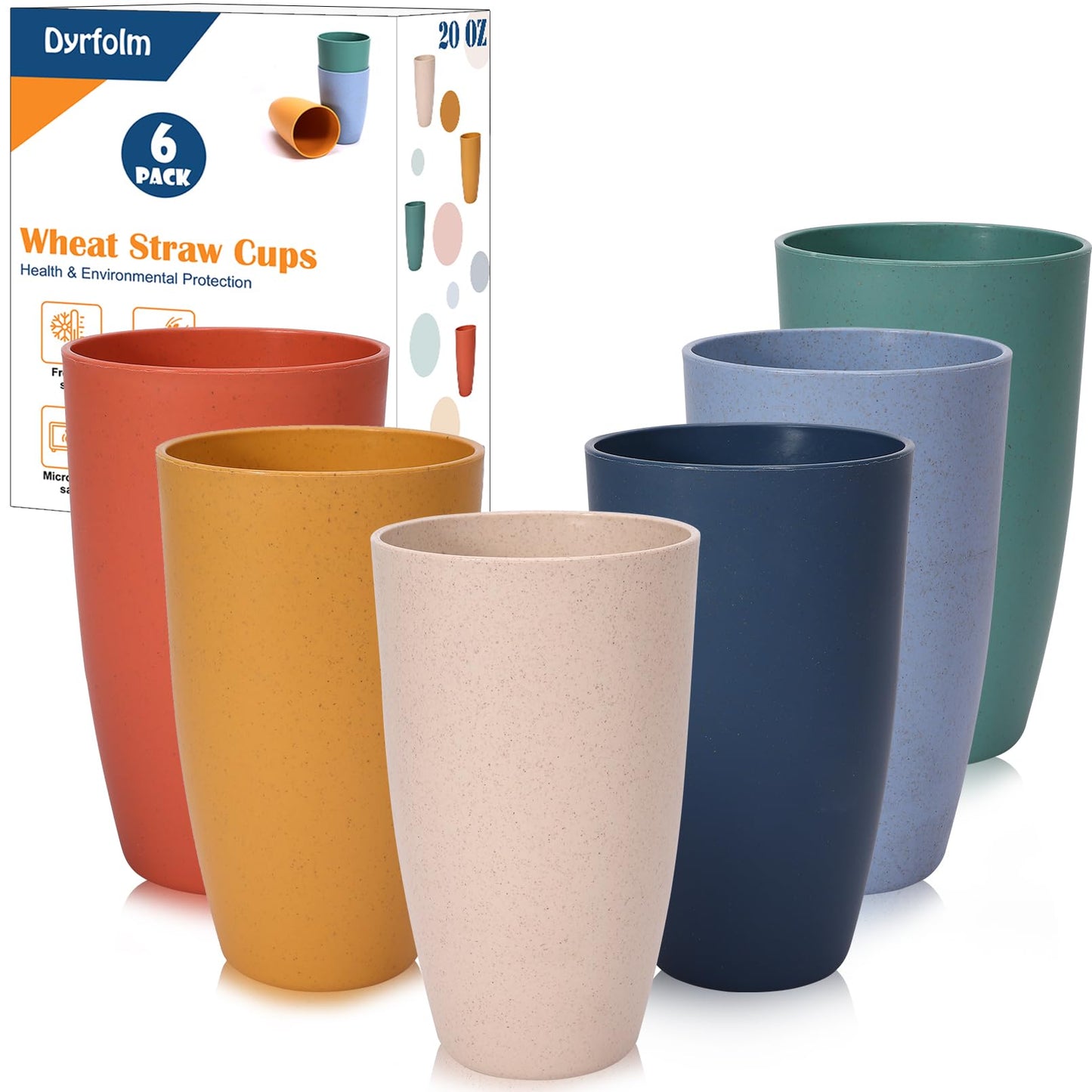 Dyrfolm 6 PCS Wheat Straw Cups,20 OZ Unbreakable Drinking Cup,Plastic Reusable Cups,Dishwasher Safe Water Cup Set for Home Kitchen Camping Party,Dinner,Lightweight & Stackable,Multicolor