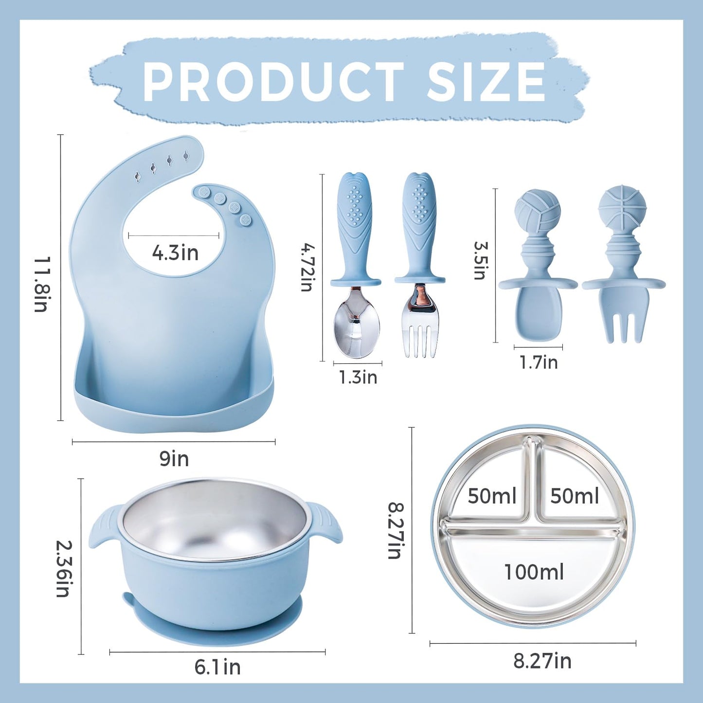 7 Pieces 304 Stainless Steel Baby & Toddler Feeding Set - Suction Divided Plates, Bowls, Silicone & Stainless Spoon Fork,Pocket Bib Unbreakable, Dishwasher Safe Kids Dinnerware Essentials (Blue)