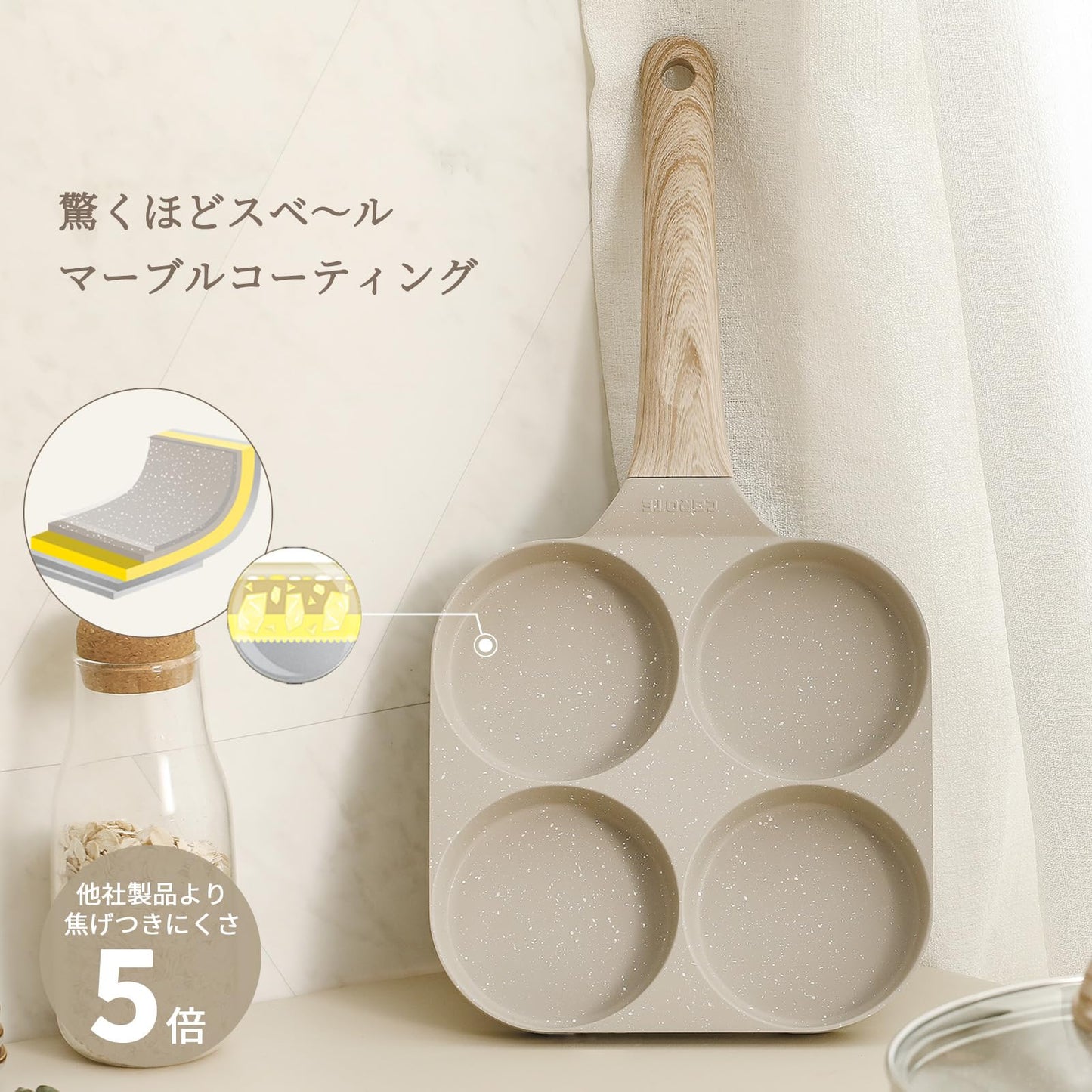 CAROTE Fried Egg Frying Pan with Dividers, Induction Compatible, 4-Hole Round Frying Pan, Multi-Pan, Breakfast Pan