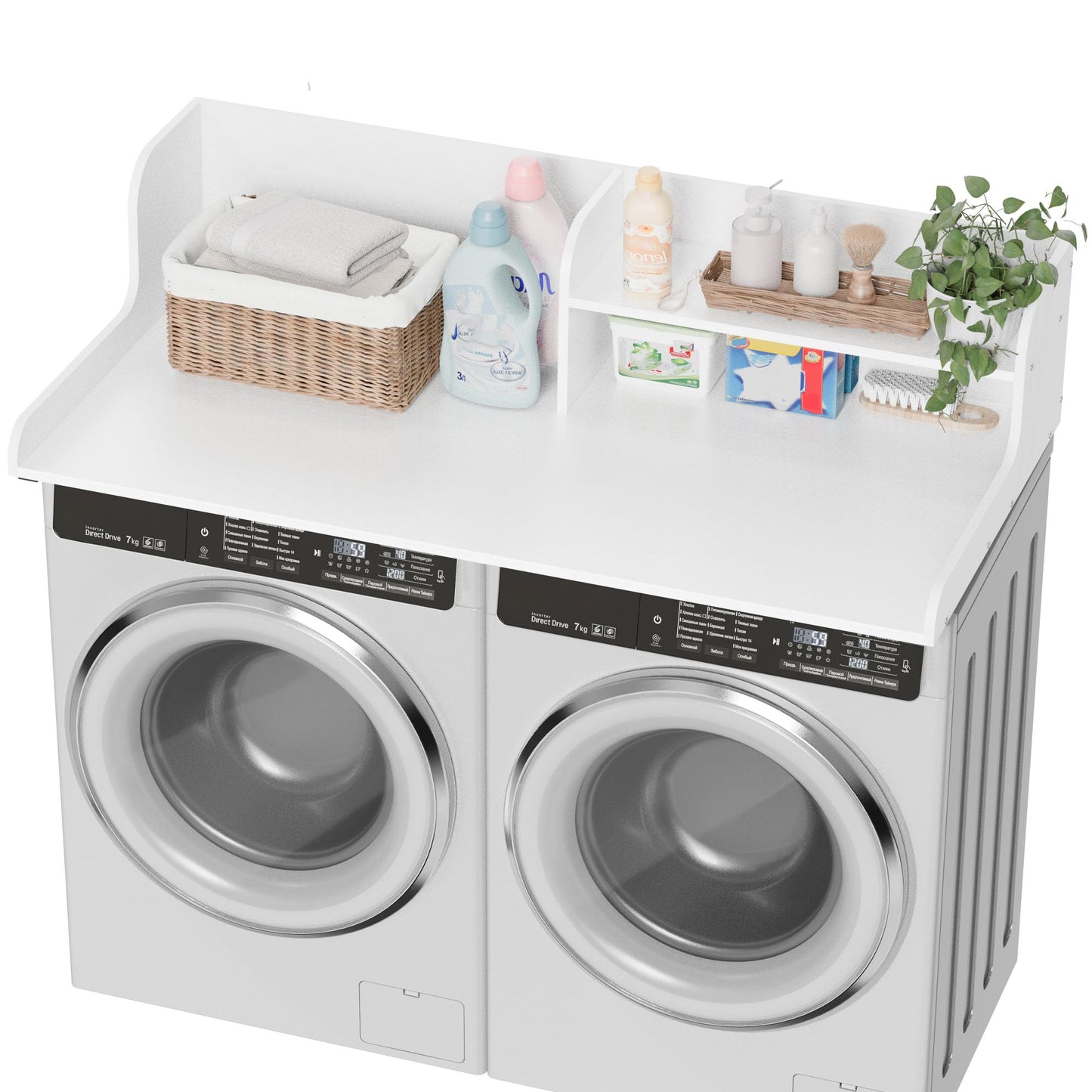 DTK Washer Dryer Wood Countertop with Shelf, Laundry Topper with Non-Slip Mat,27.55" Depth x 54" Width Dryer Covers for The Top with Edge Rails (White)