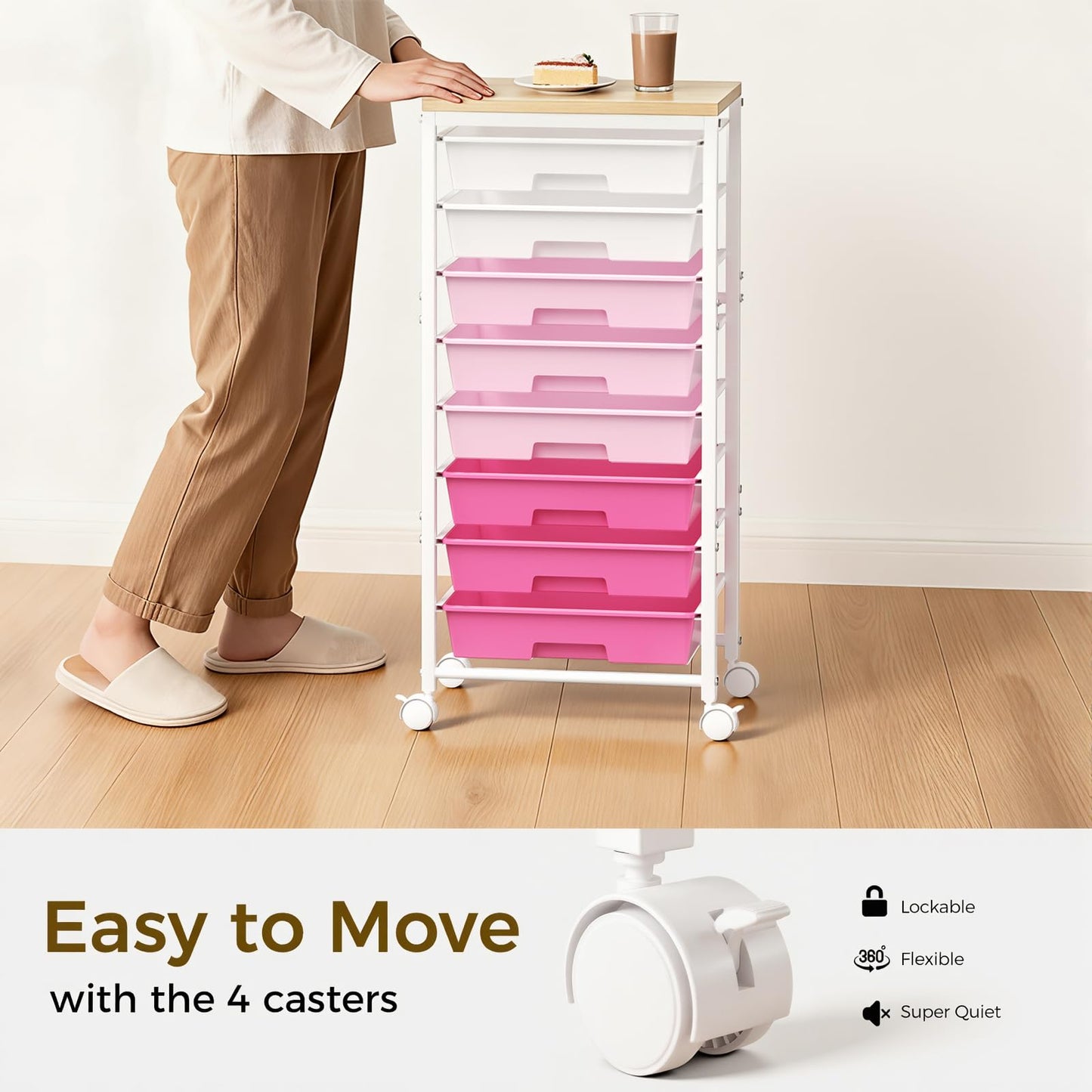 Rolling Cart with 8 Drawers, Plastic Drawer Storage Carts with Wheels & Wooden Tabletop, Metal Utility Cart Organizer for Bedroom Living Room Office Classroom Craft Organization and Storage, Pink